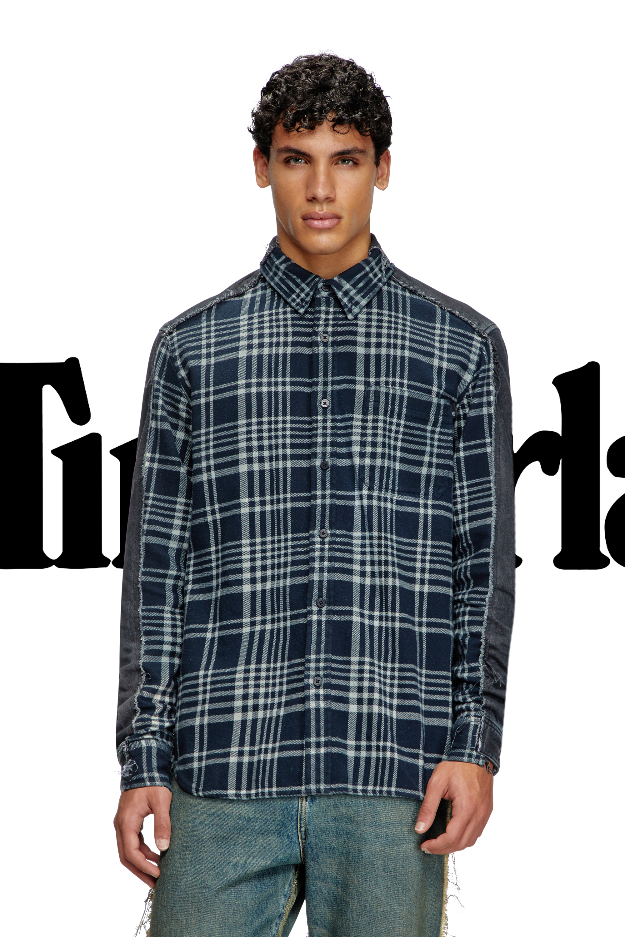 Diesel - Shirt Dieseloves 6B, Unisex's Overdyed check and denim shirt in Blue/Black - 3