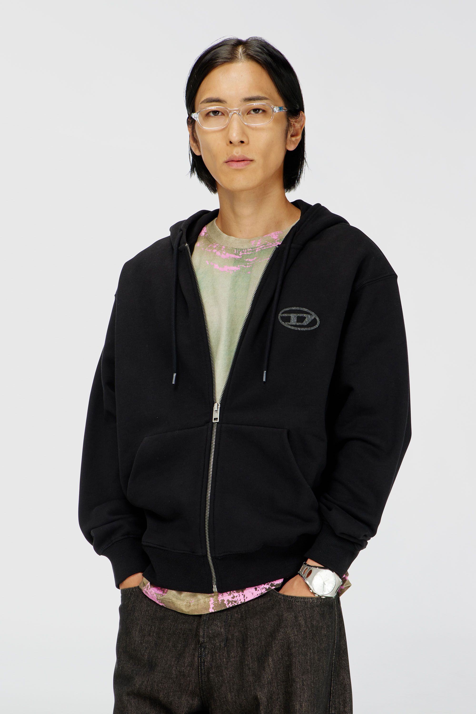 Diesel - S-LUK-HZ-T92, Man's Cotton hoodie with tonal Oval D logo embroidery in Black - 1