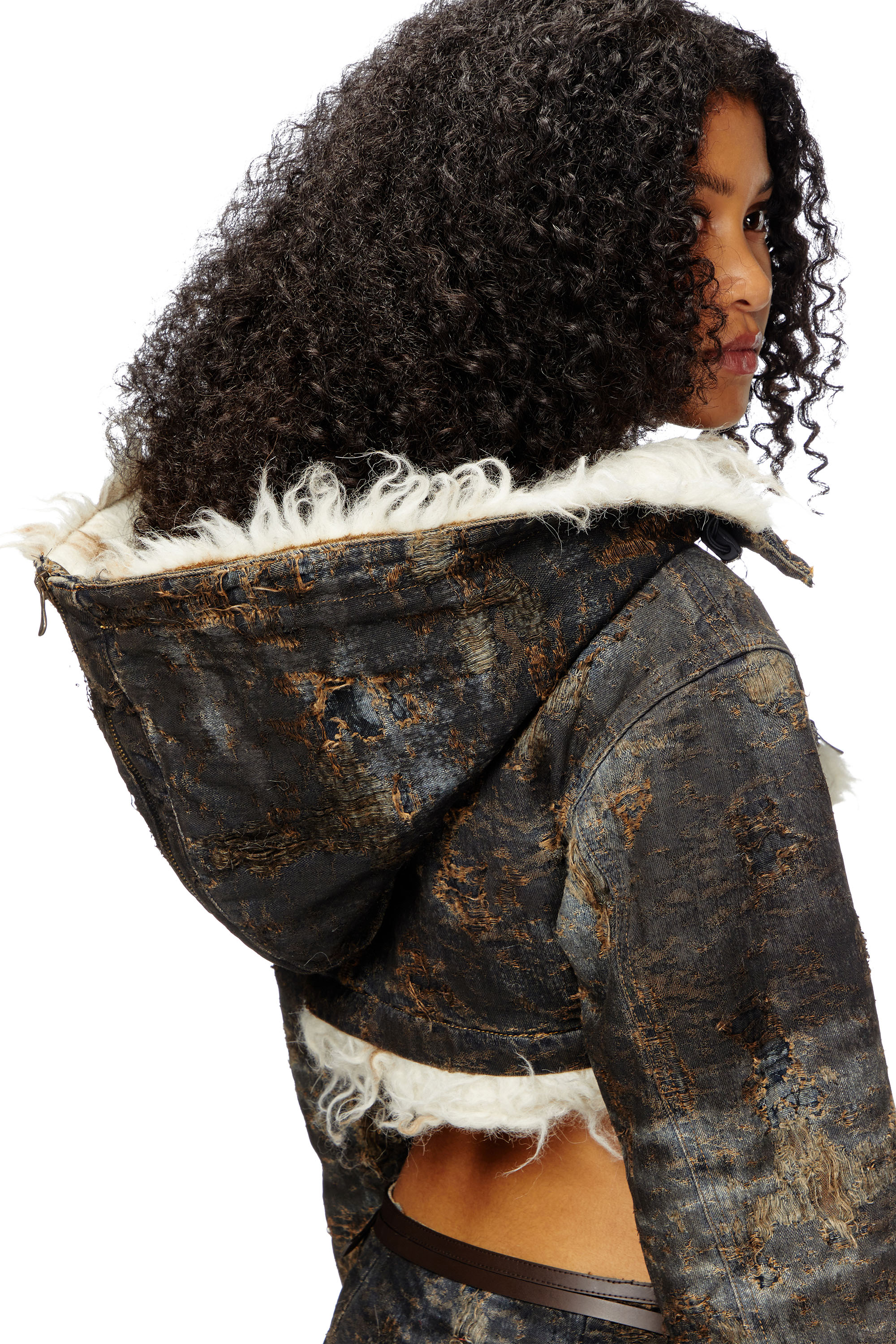 Diesel - DE-FU-FSF1, Woman's Cropped jacket in dirty jacquard denim in Black/Brown - 4