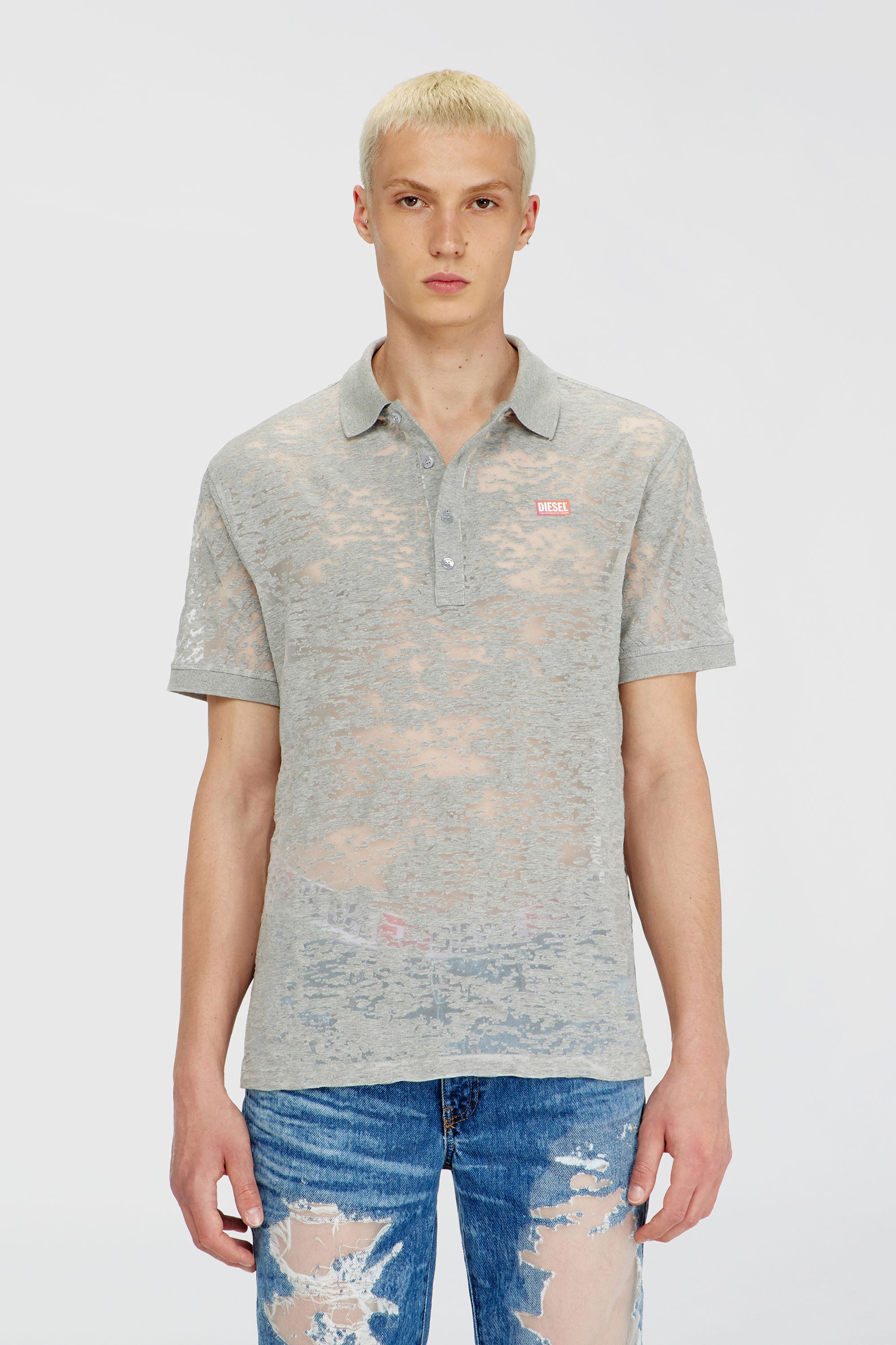 Diesel - PR-T-REJUST, Man's Polo shirt in all-over devor&eacute; jersey in Light Grey - 1
