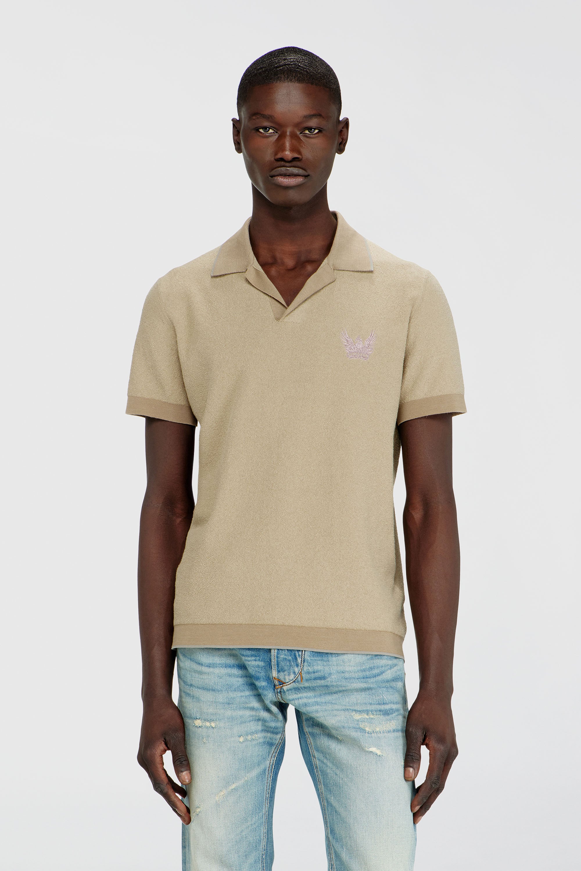 Diesel - K-RAILES, Man's Boucl&eacute;-knit polo shirt with Phoenix logo in Beige - 1