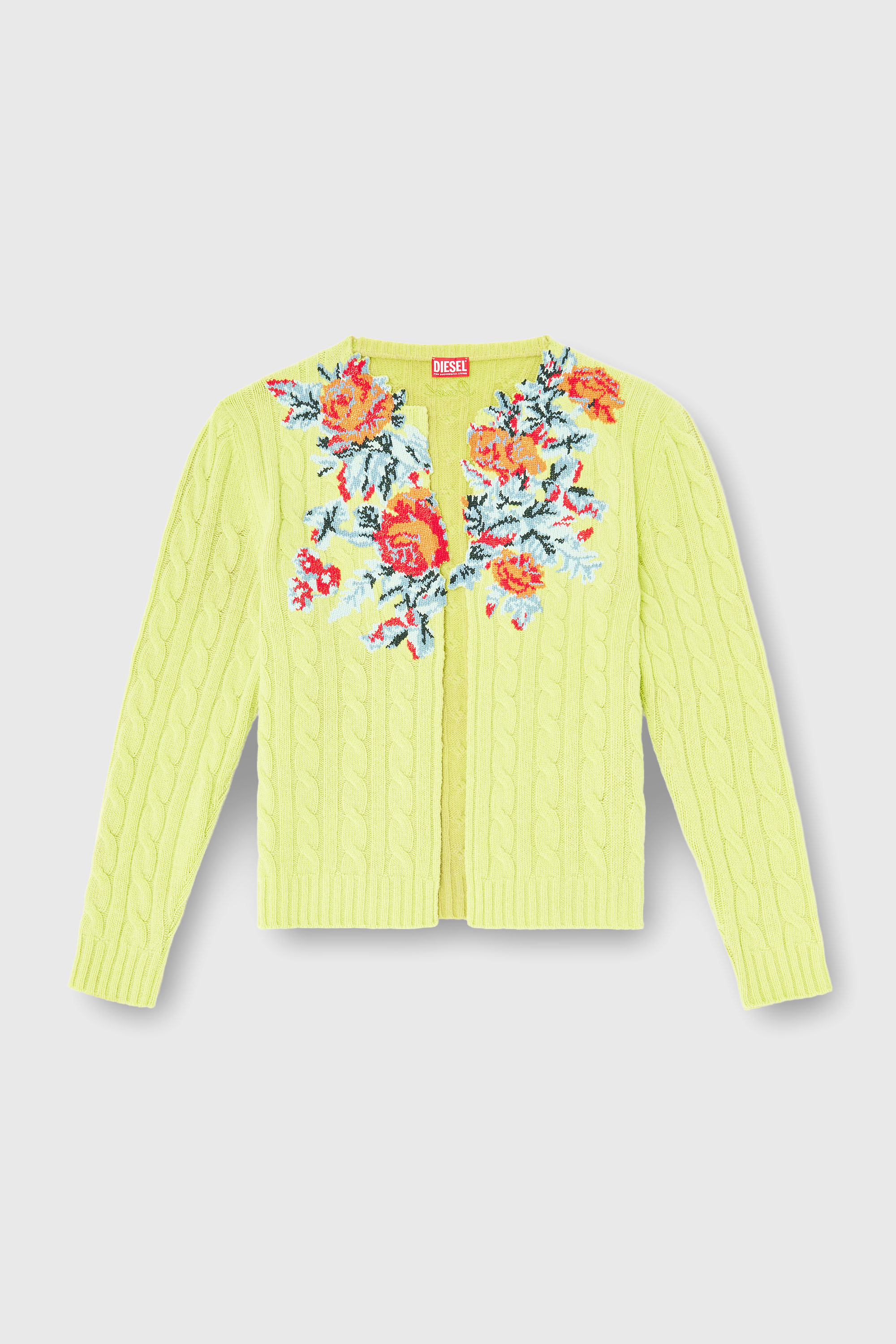 Diesel - K-RINO, Man's Open-front cardigan in floral cable knit in Yellow Fluo - 1