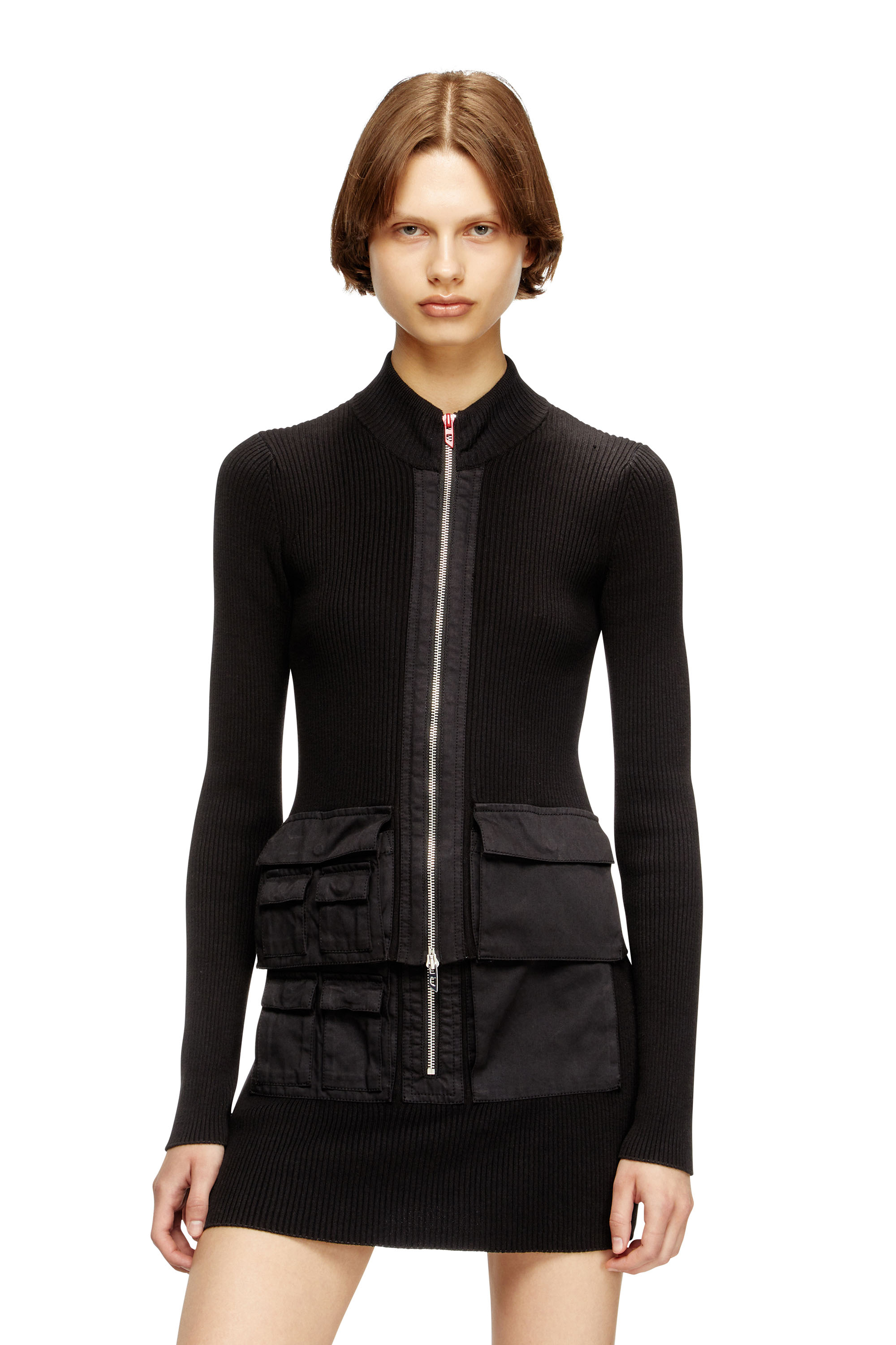 Diesel - M-MELISSA, Woman's Ribbed cardigan with cargo pockets in Black - 3