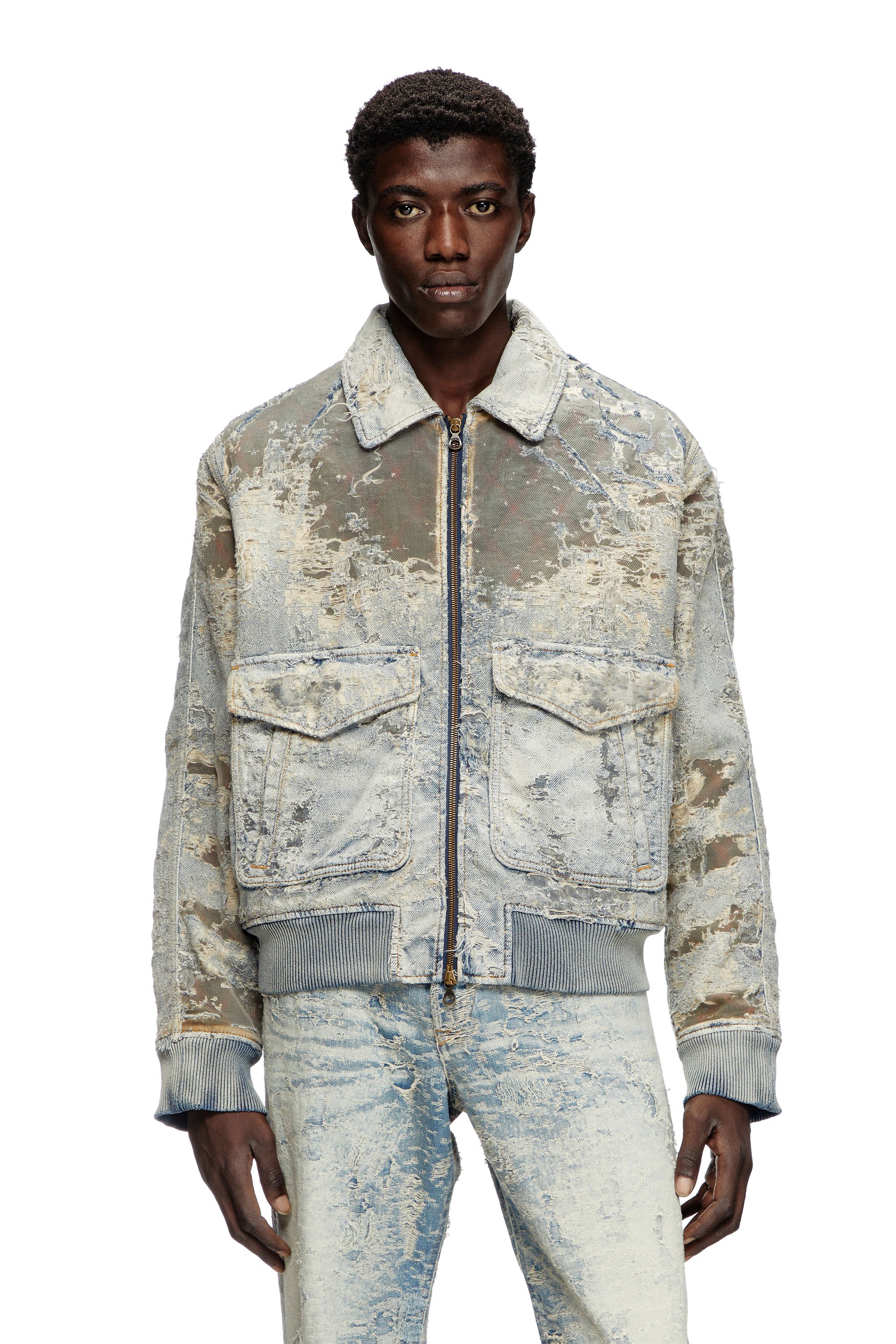 Diesel - D-MUDDY-FSF, Man's Aviator jacket in devoré denim in Light Grey - 1