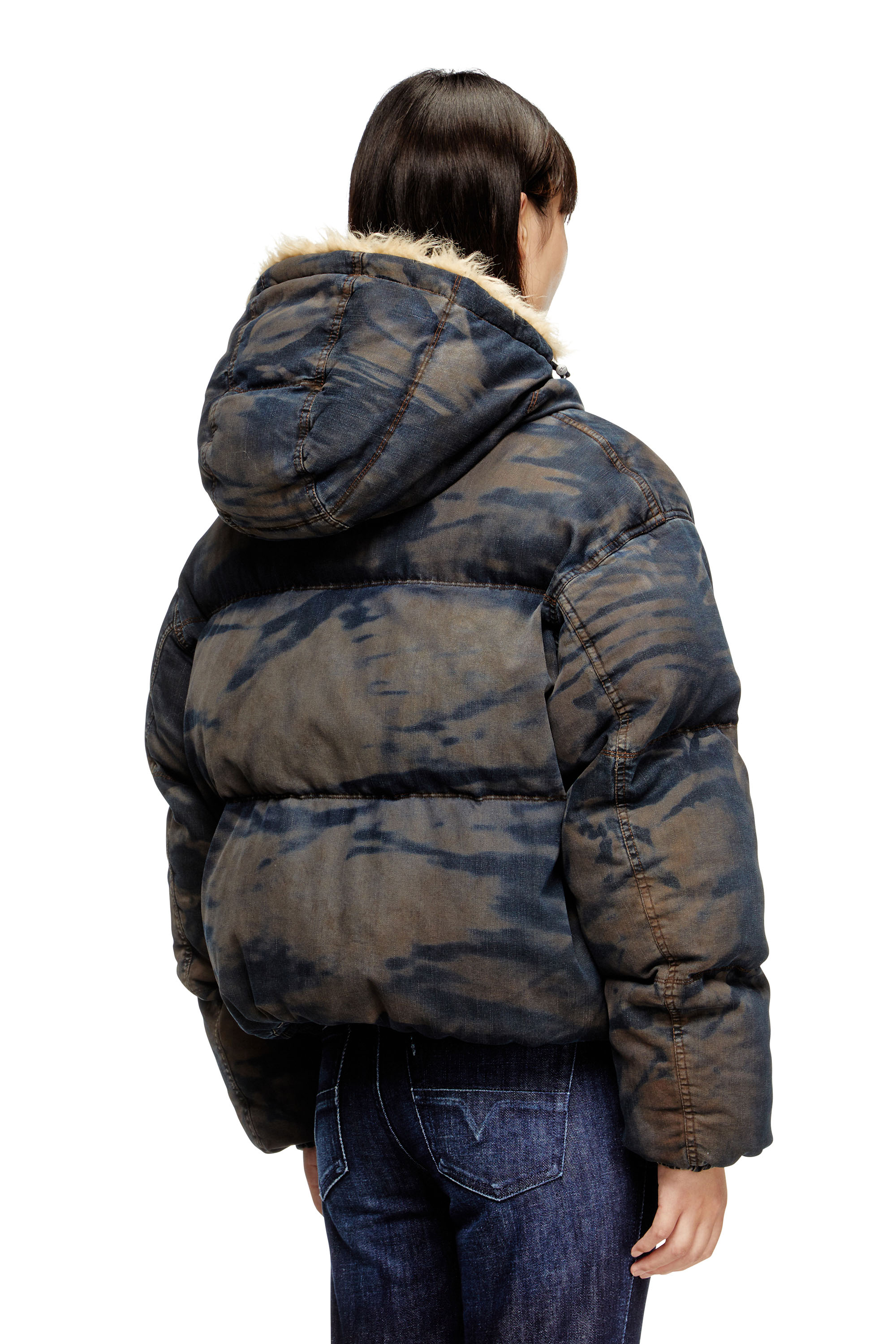 Diesel - W-AVES-FUR, Woman's Hooded puffer jacket in dirt-effect camo denim in Black/Brown - 4