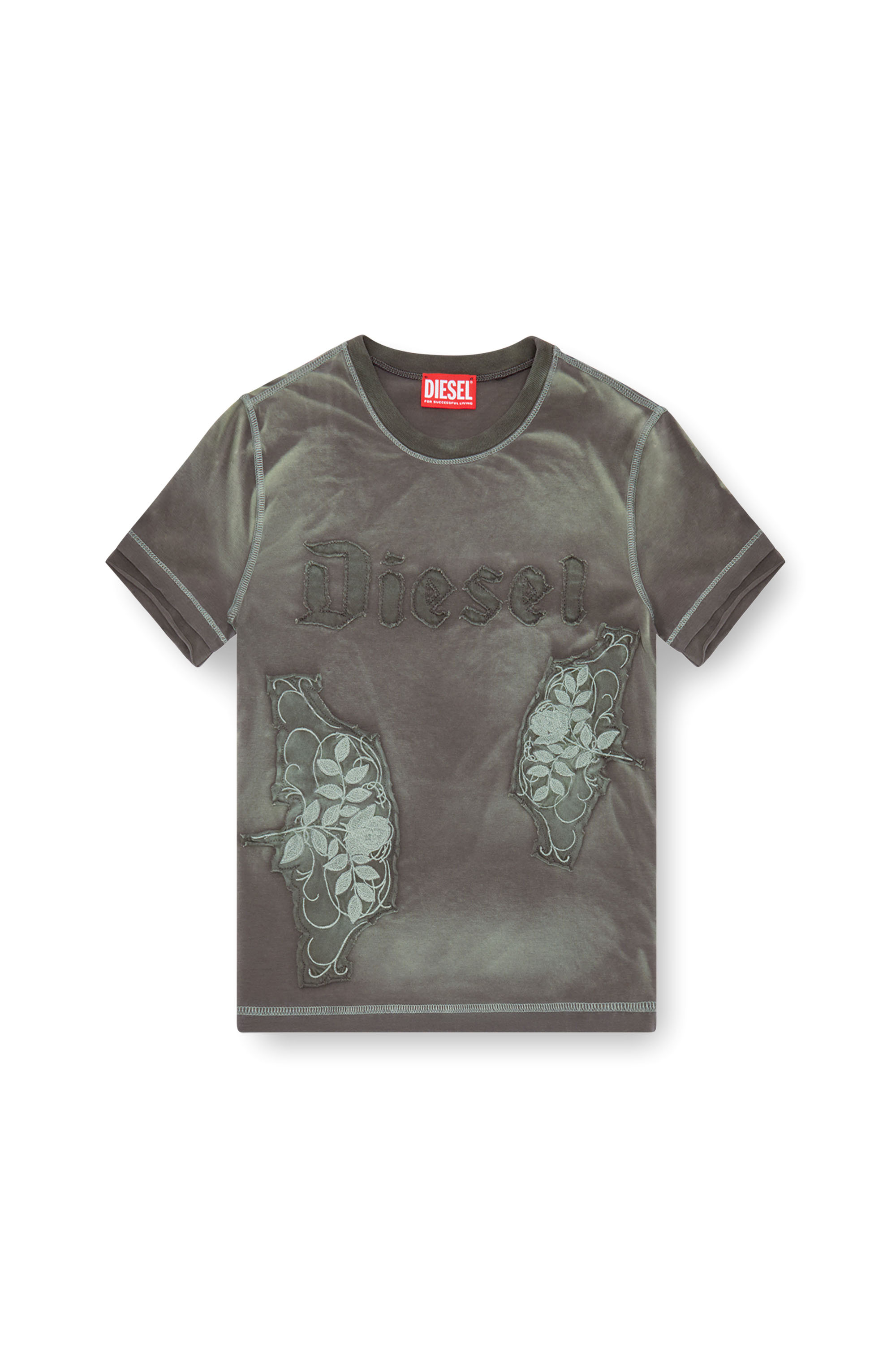 Diesel - T-UNCUT, Woman T-shirt with embroidered floral patches in Green - Image 4