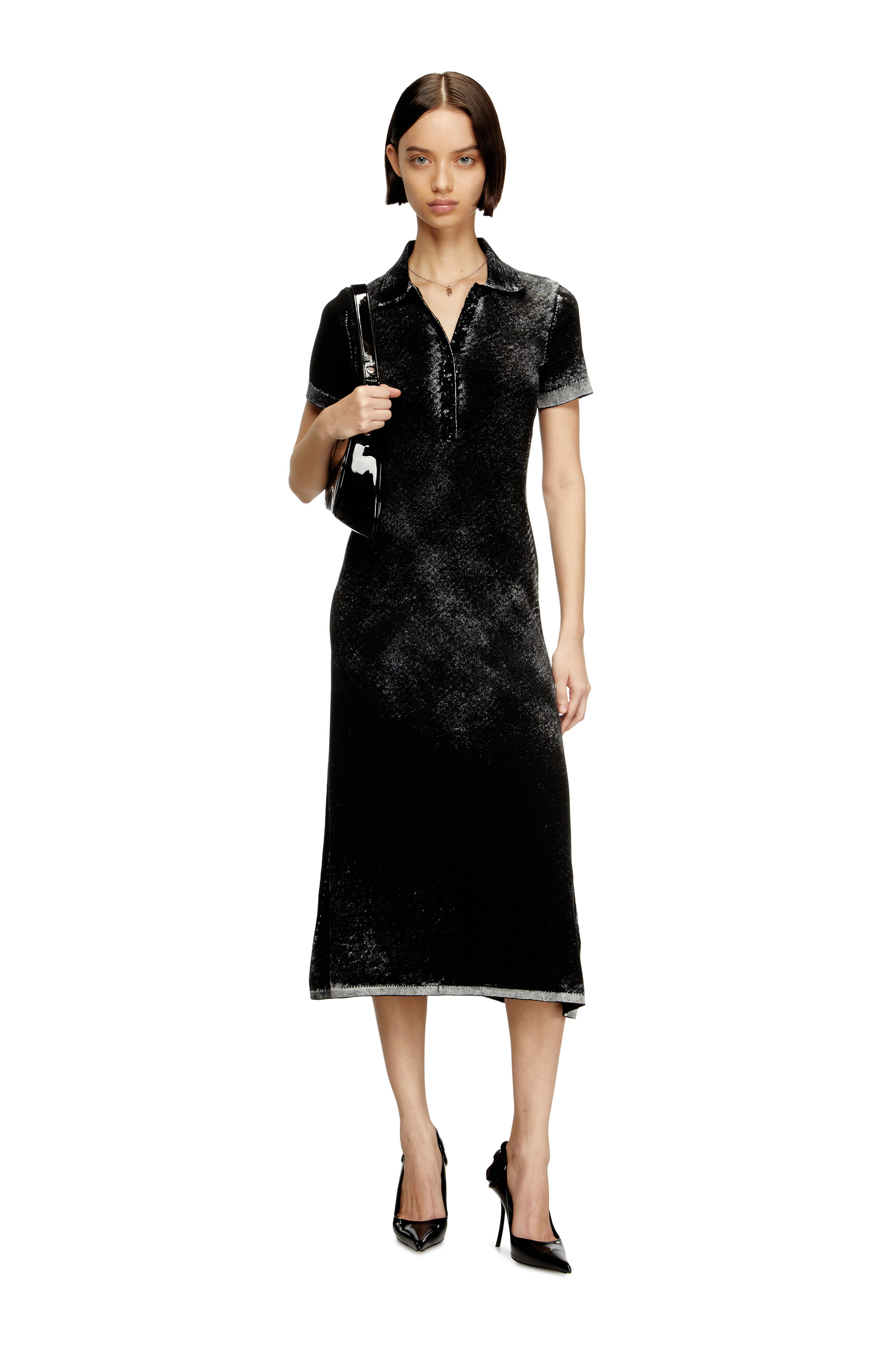 Diesel - M-LOURENS, Woman's Midi polo dress in reverse-printed knit in Black - 2