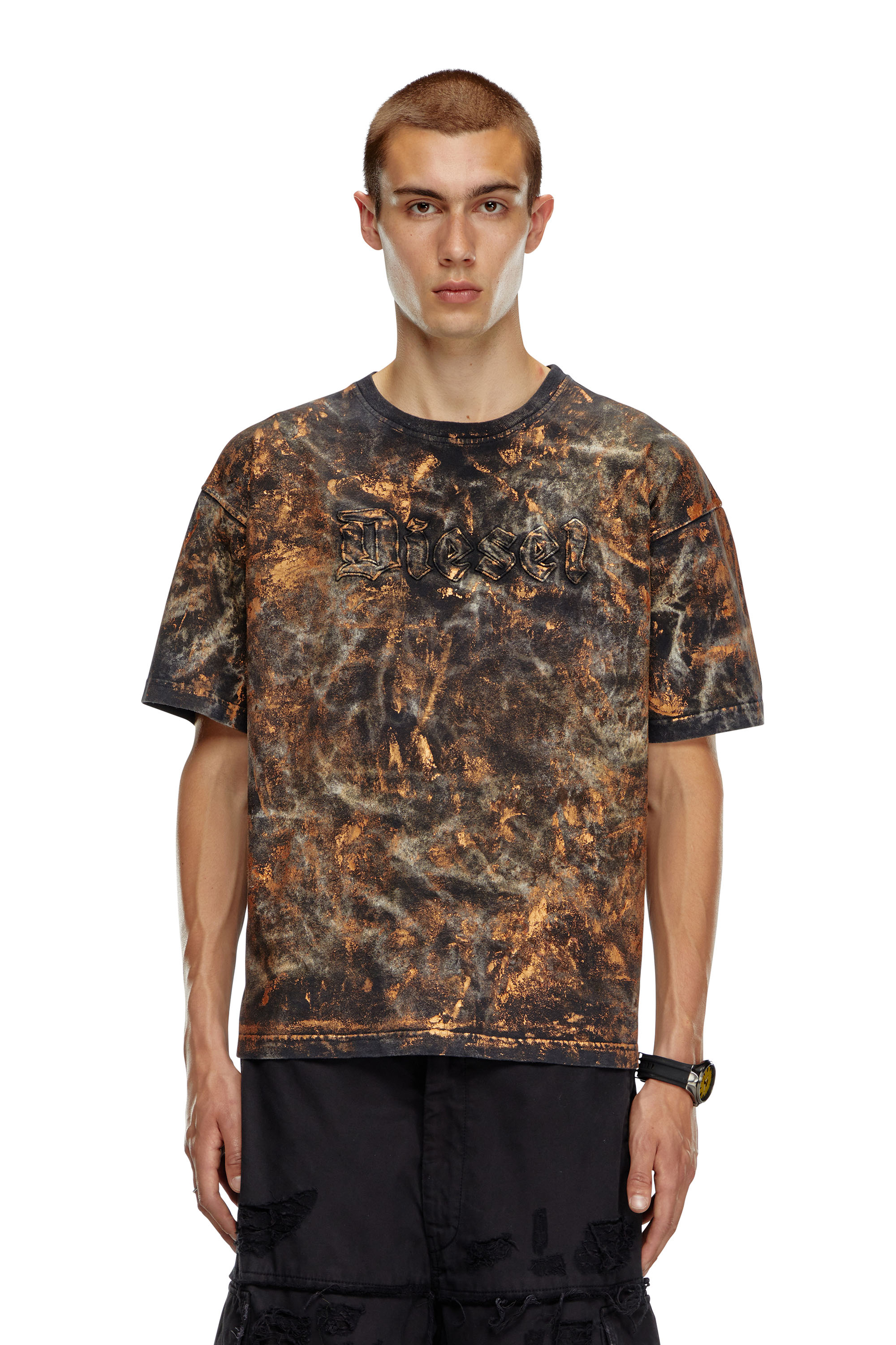 Diesel - T-BOXT-Q12, Man's Dirty-effect T-shirt with logo lettering in Brown - 1