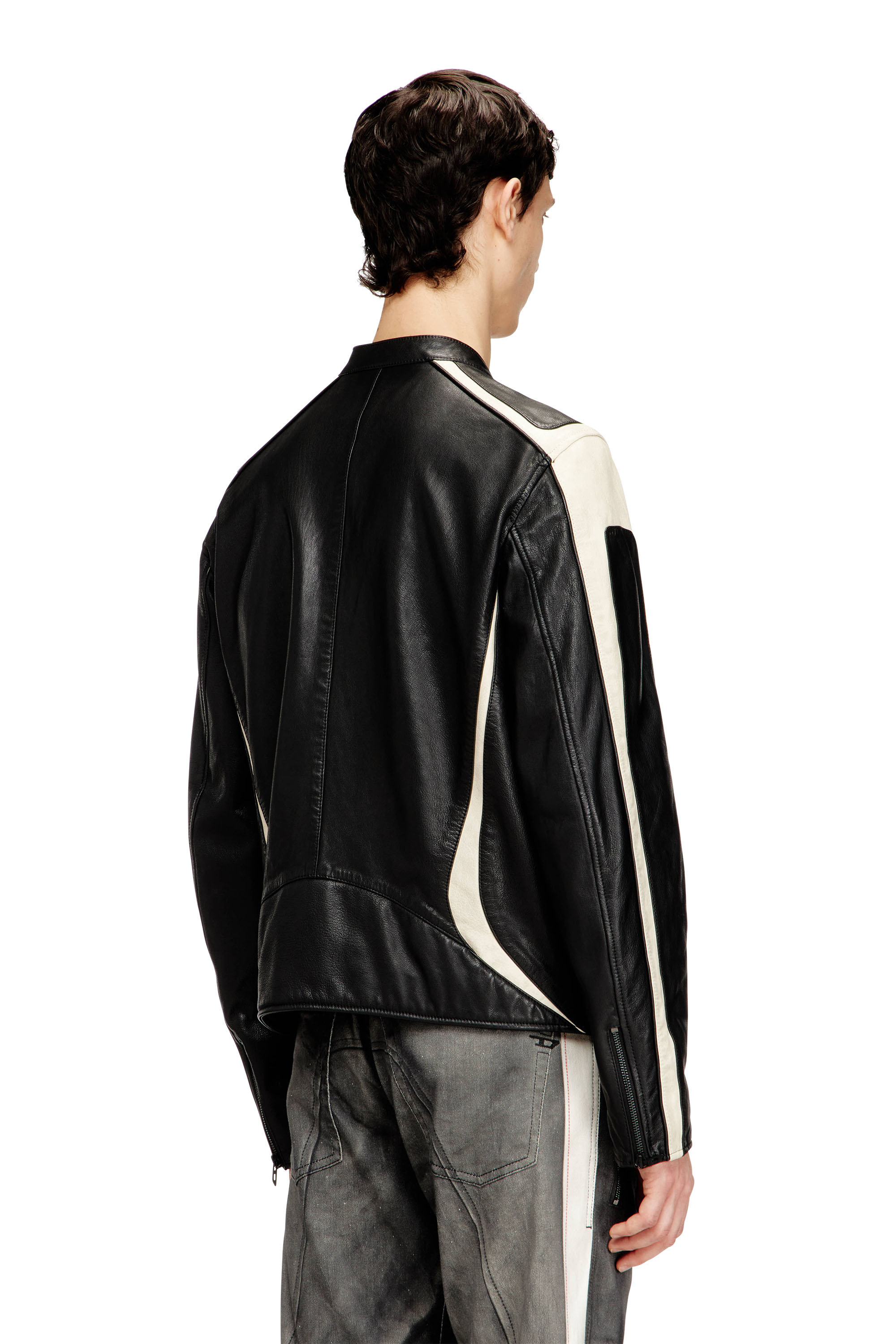 Diesel - L-ADAM, Man's Colour-block leather biker jacket in Black/White - 4