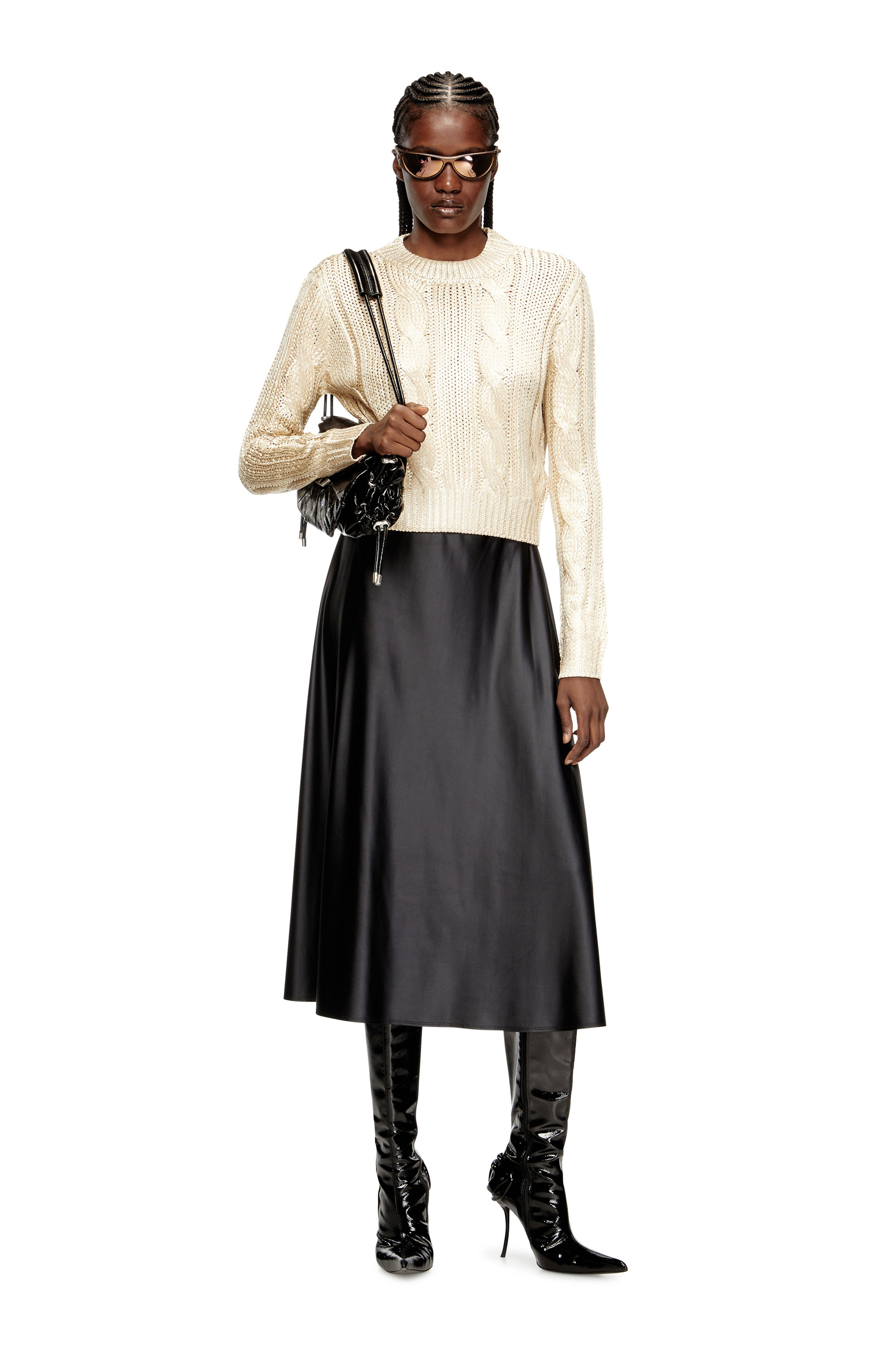 Diesel - M-MICCHA, Woman's Cable-knit jumper with shiny effect in Beige - 1