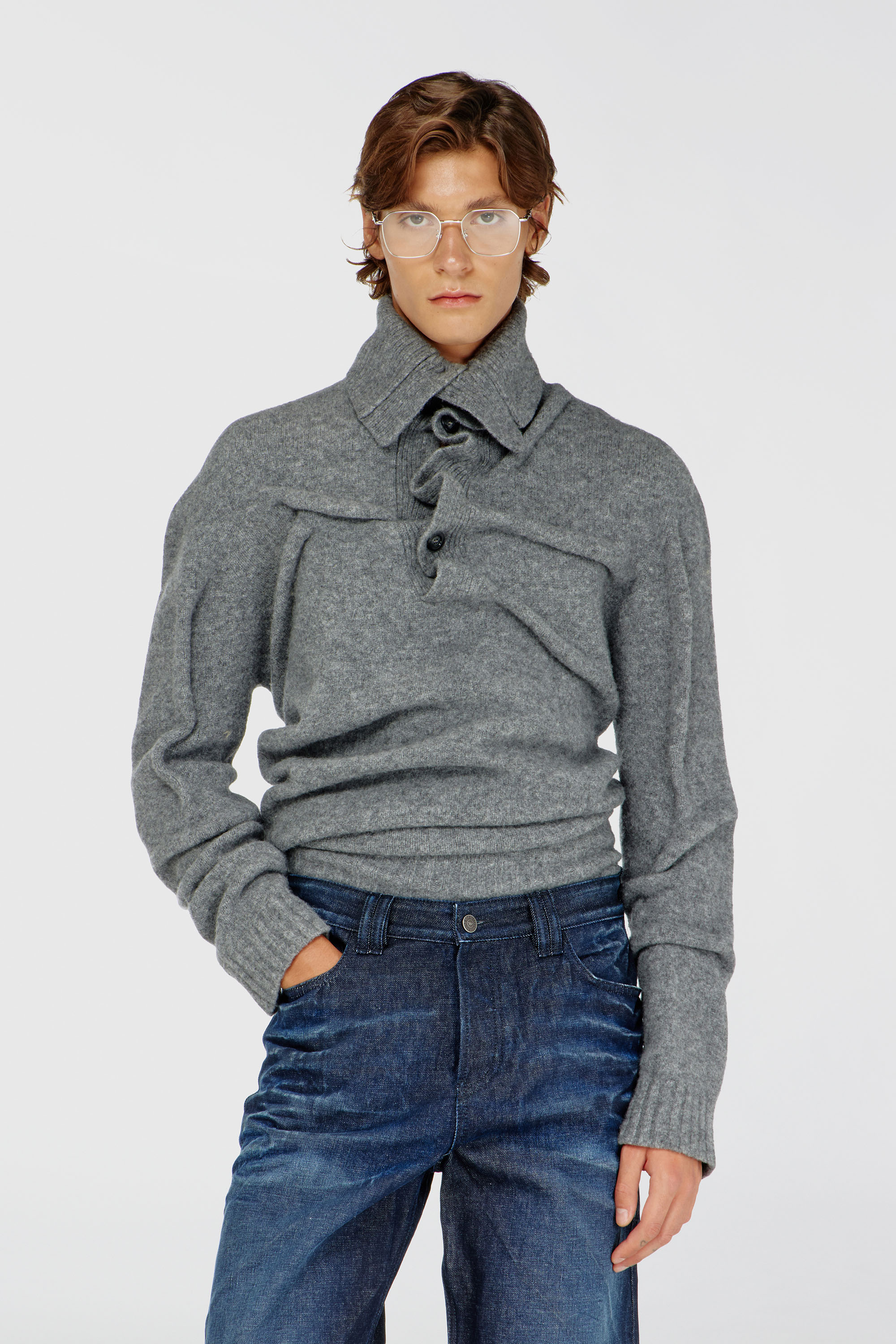 Diesel - K-ANDREW, Man's Button-neck jumper in wrinkled boiled knit in null - 3