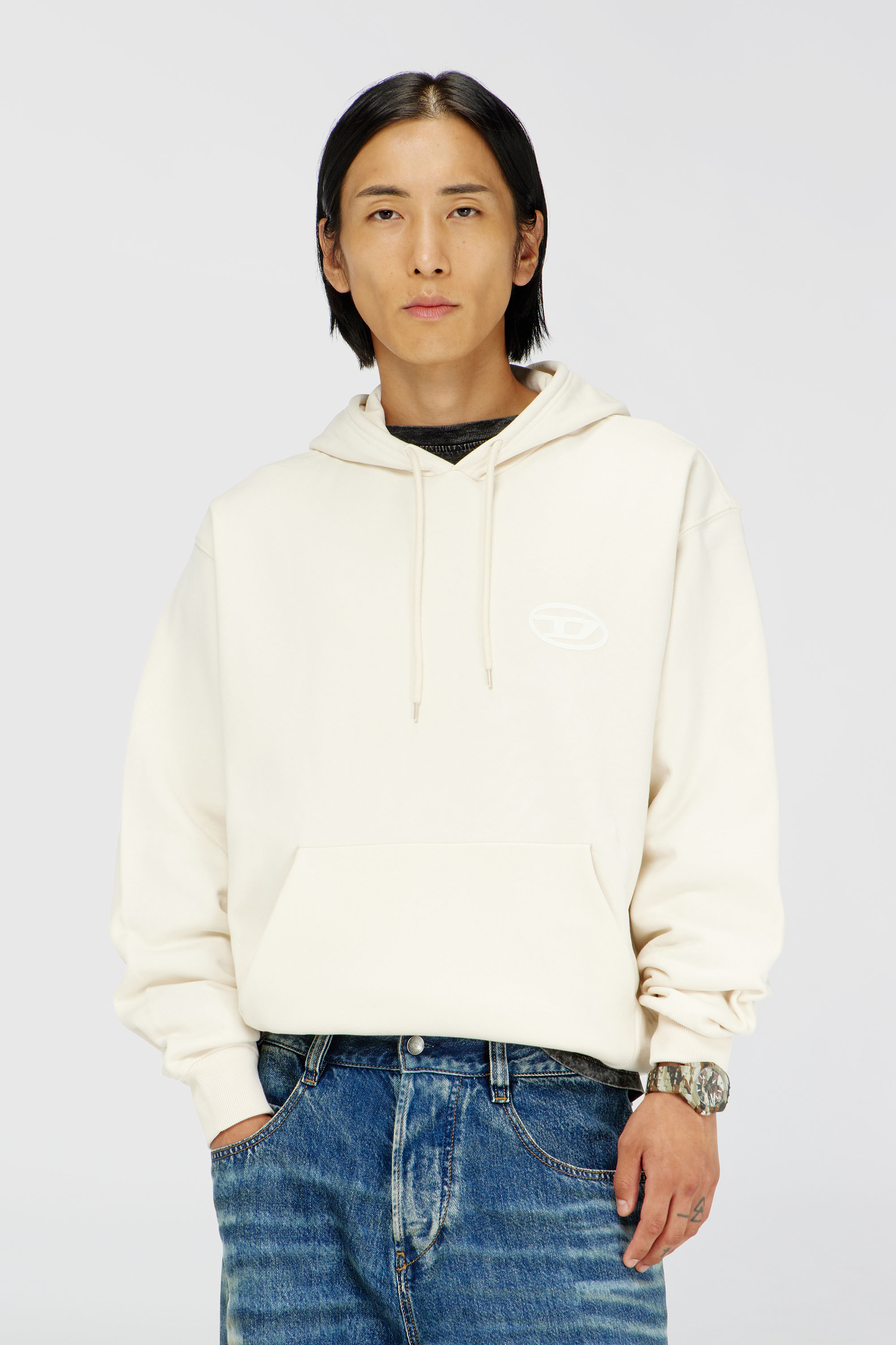 Diesel - S-LUK-H-T92, Man's Cotton hoodie with tonal Oval D logo embroidery in White - 1