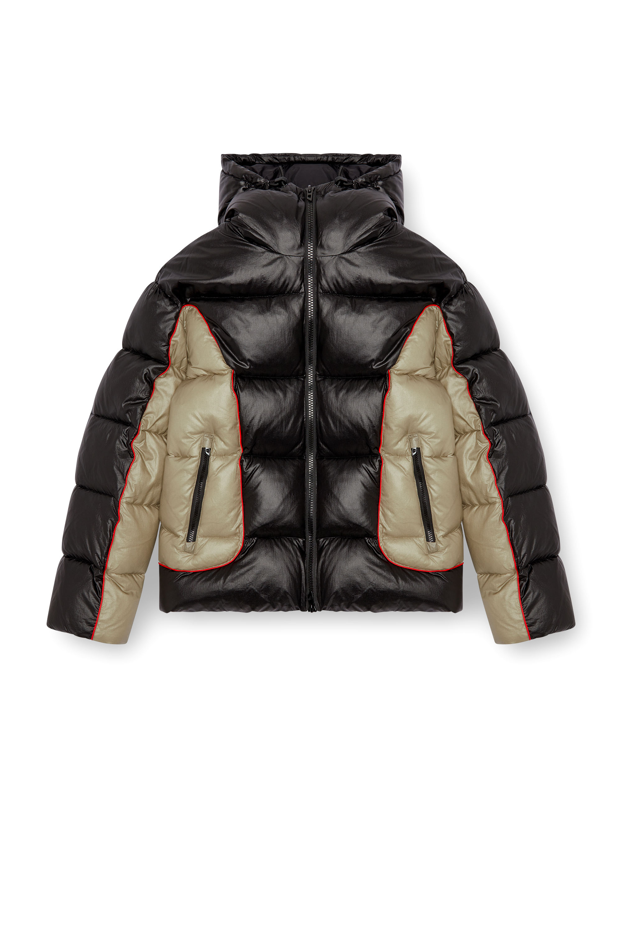 Diesel - W-OSTEND, Man's Hooded puffer jacket in shiny ripstop in Black/Beige - 3