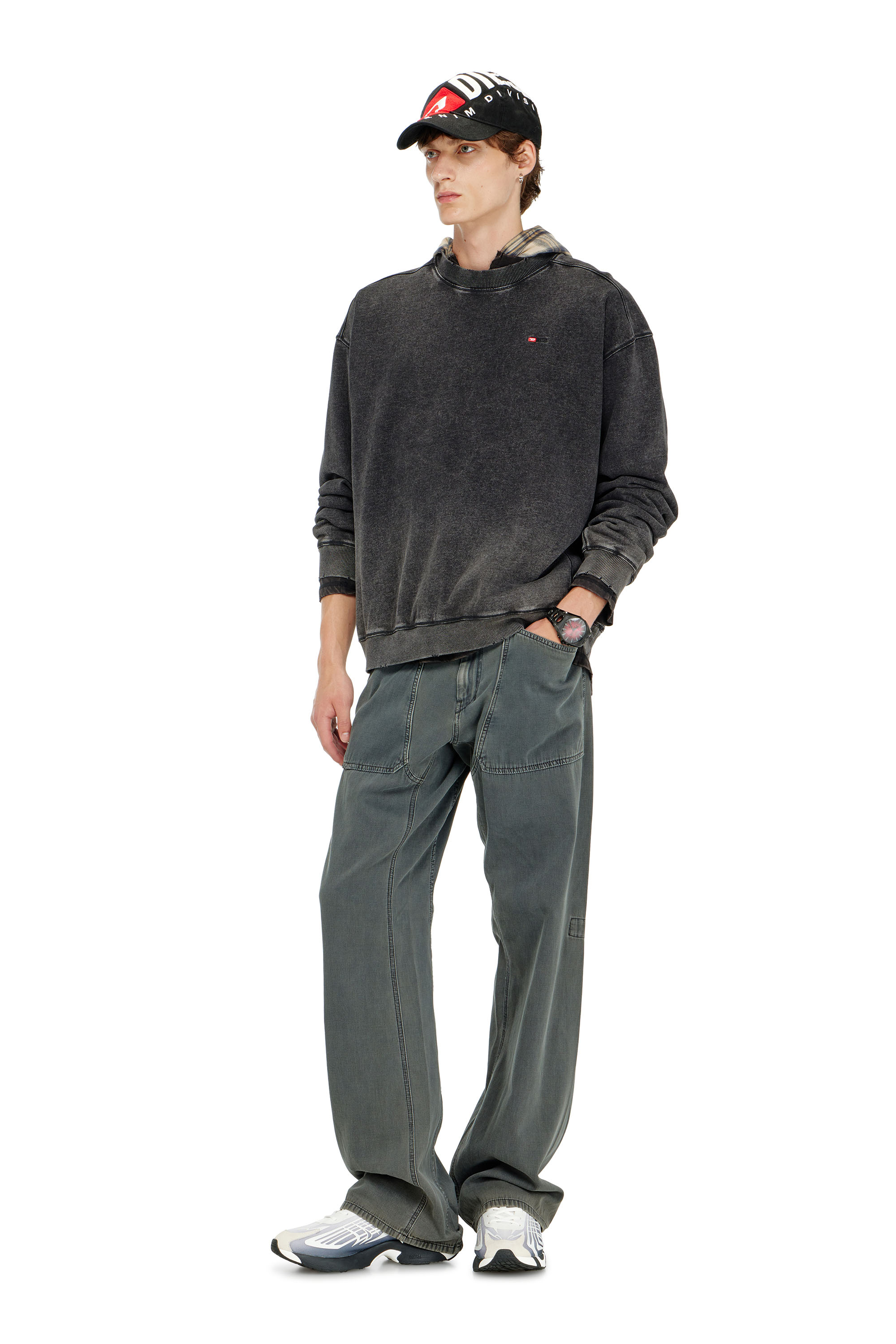 Diesel - S-CROX, Man's Cotton sweatshirt with faded effect in Dark grey - 1