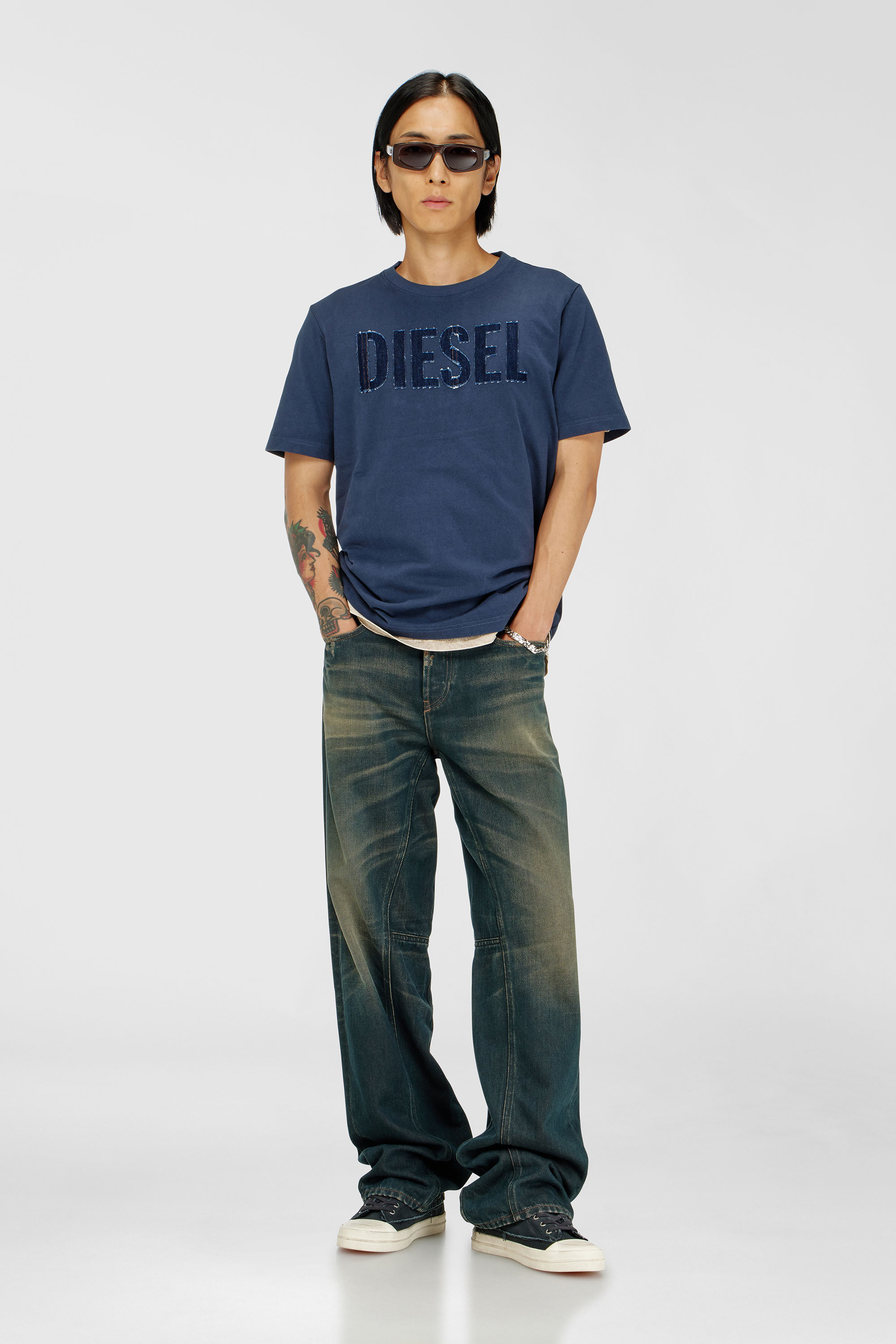 Diesel - T-JUST-APP-T92, Man's Cotton T-shirt with tonal Diesel logo print in Blue - 1