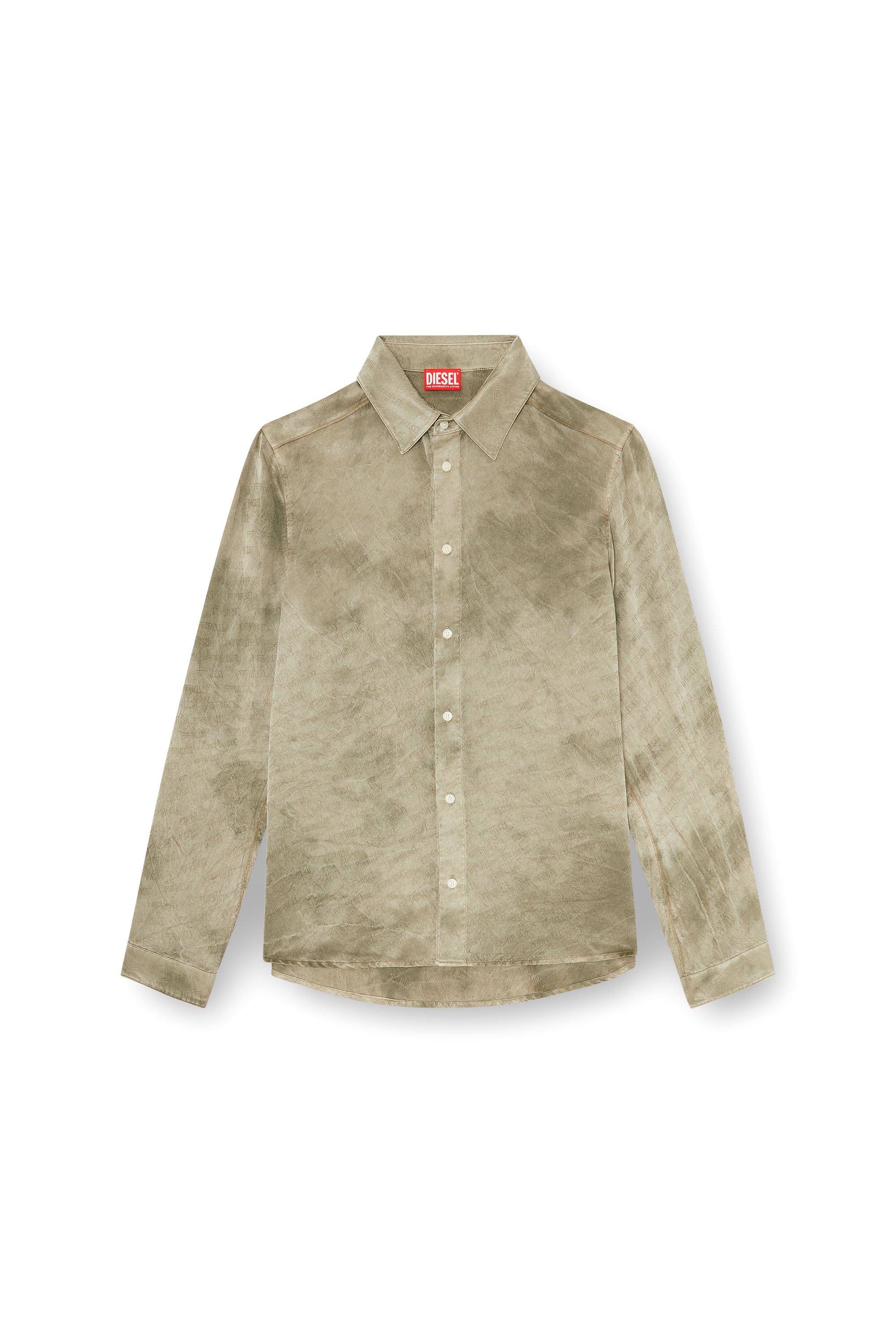Diesel - S-KISSY-HNBW, Man's Shirt in logo-jacquard crinkled satin in Light Brown - 3