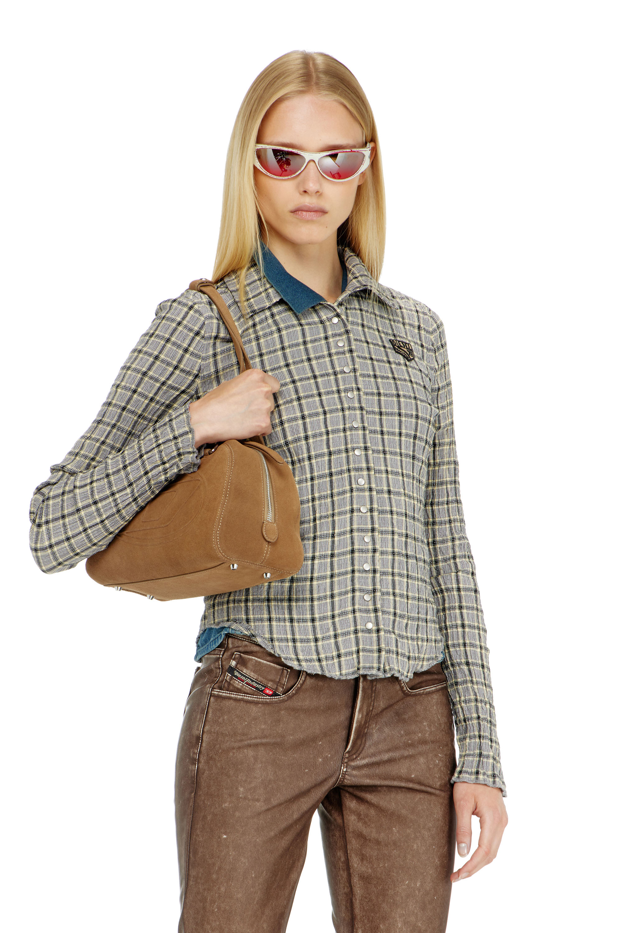 Diesel - C-ARRILON, Woman's Check shirt with seersucker effect in Grey - 1