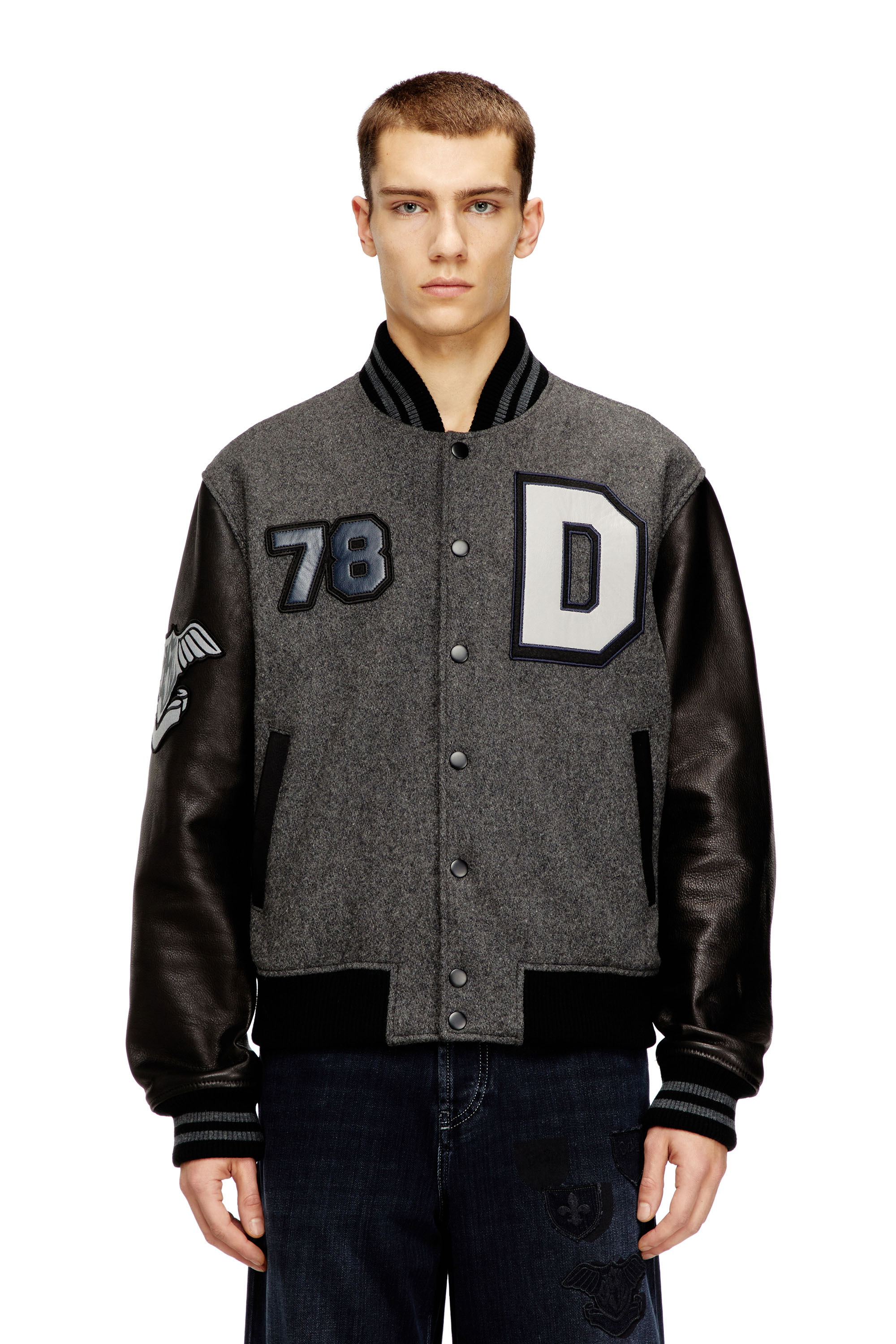 Diesel - L-ARRY-CP, Man's Cropped varsity jacket in wool and leather in Black/Grey - 1