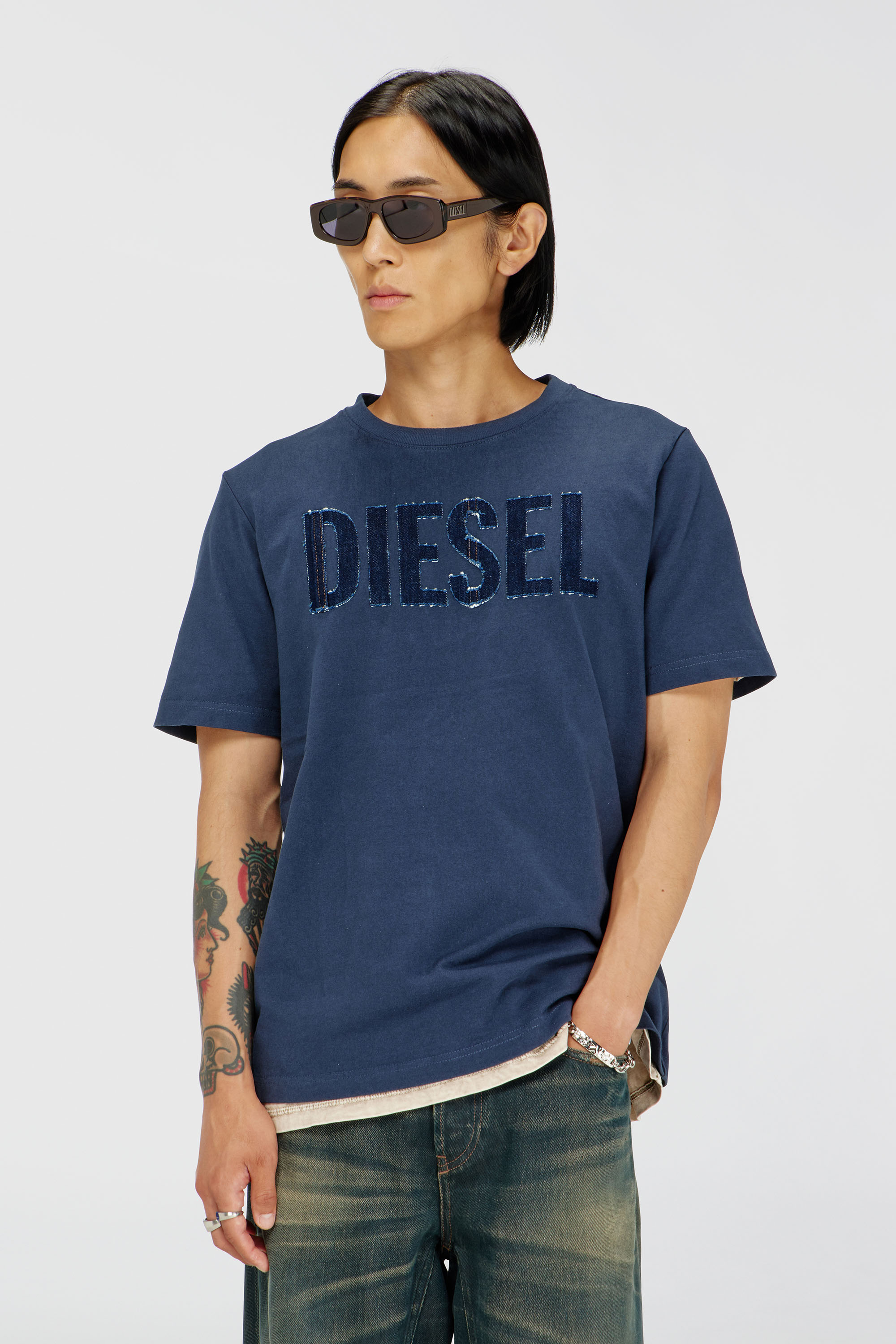 Diesel - T-JUST-APP-T92, Man's Cotton T-shirt with tonal Diesel logo print in Blue - 3