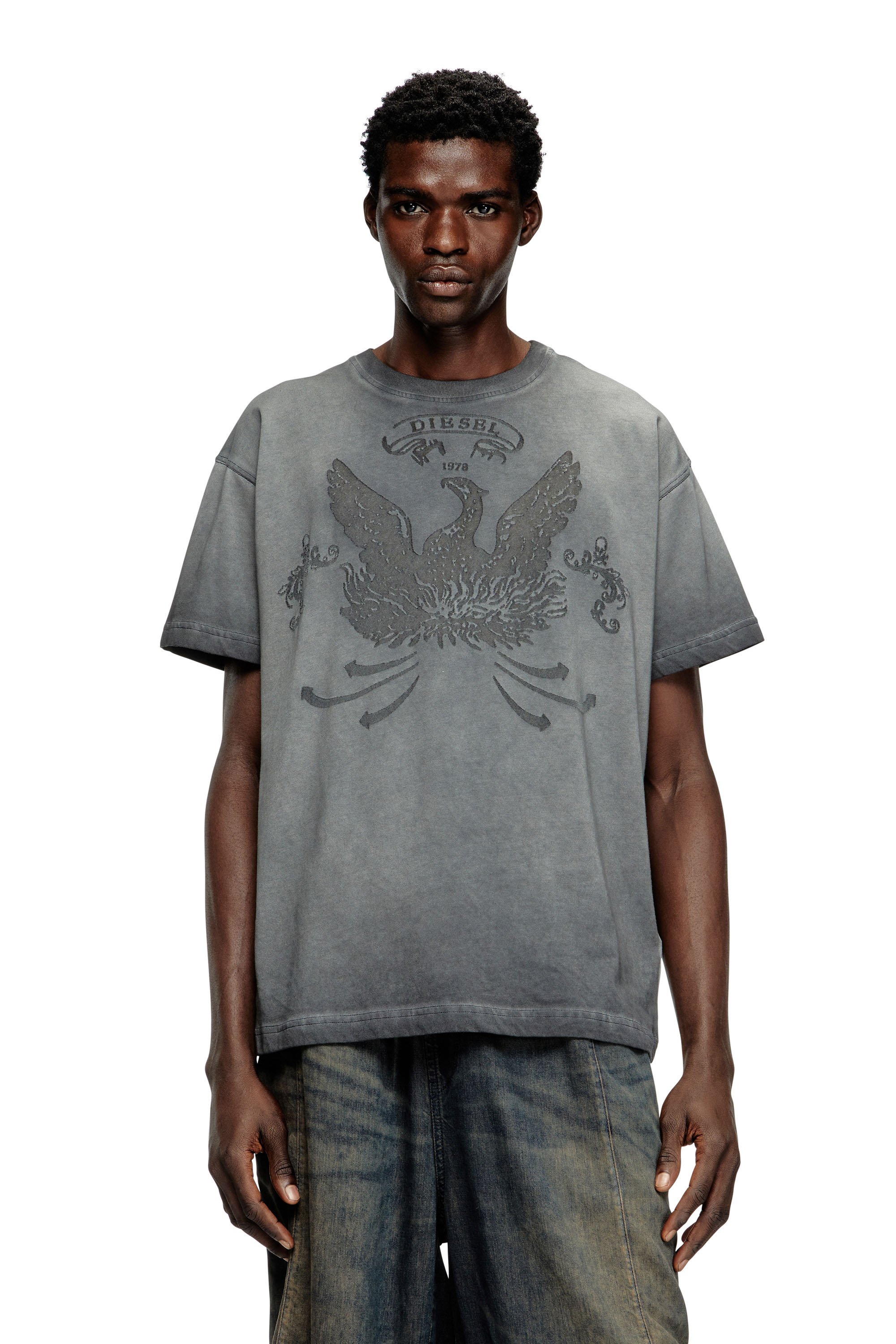 Diesel - T-NORM-T9, Man's T-shirt with phoenix devoré in Grey - 1