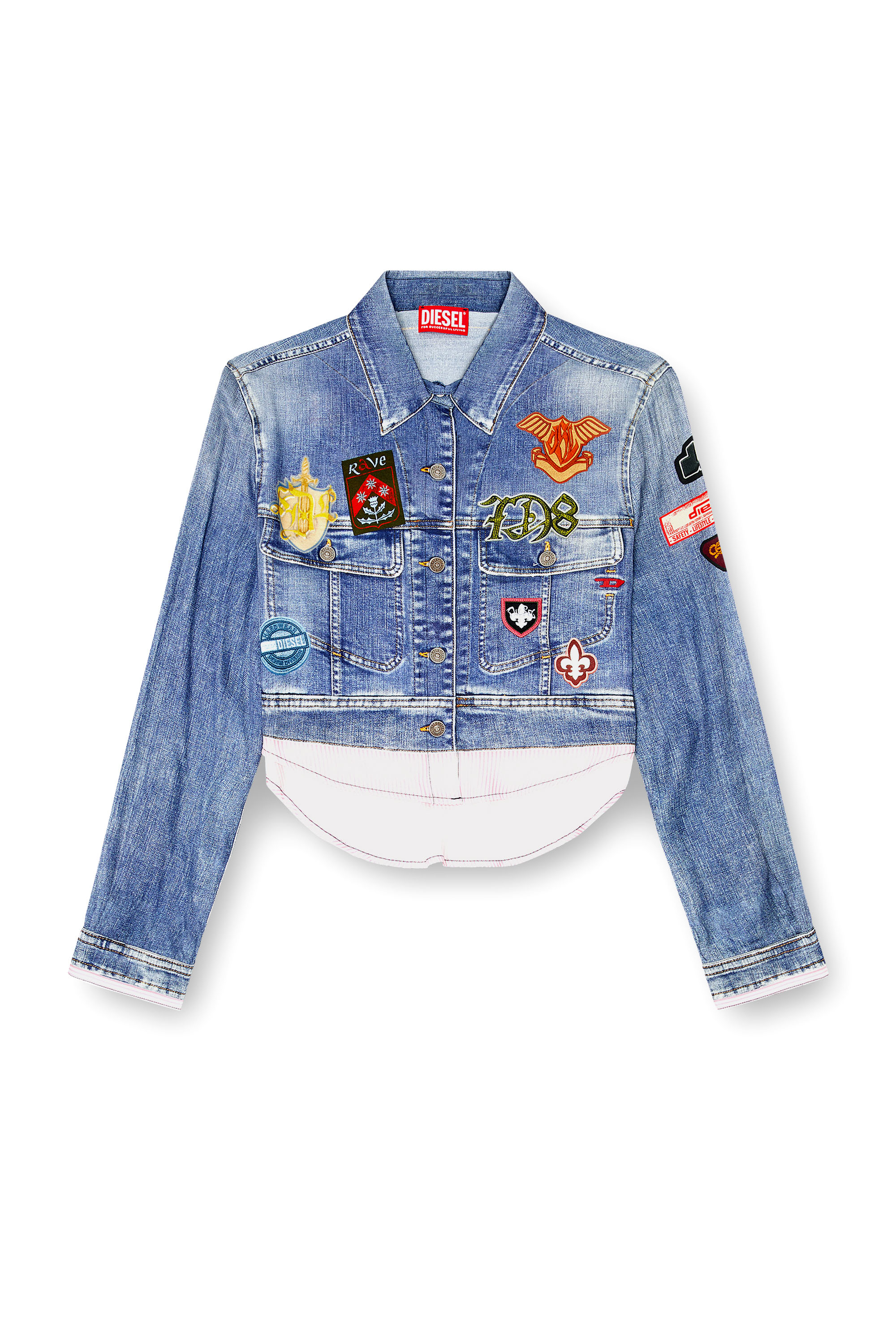 Diesel - C-LONE, Woman's Cropped satin shirt with trompe-l&rsquo;oeil denim print in null - 2