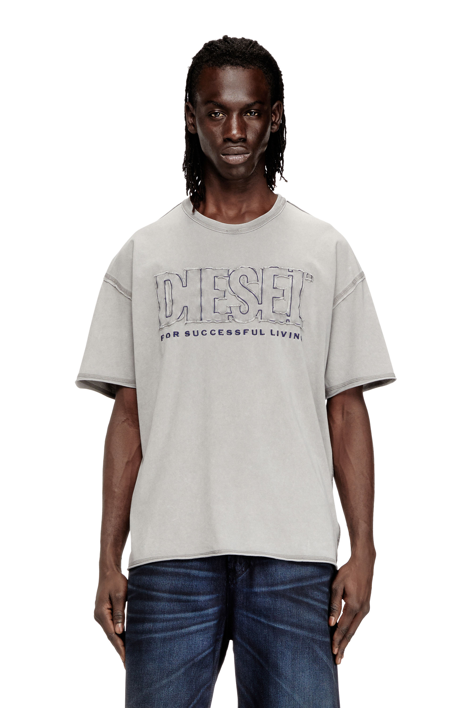 Diesel - T-RAWBOXT, Man's T-shirt with appliqué logo and raw edge in Light Grey - 1