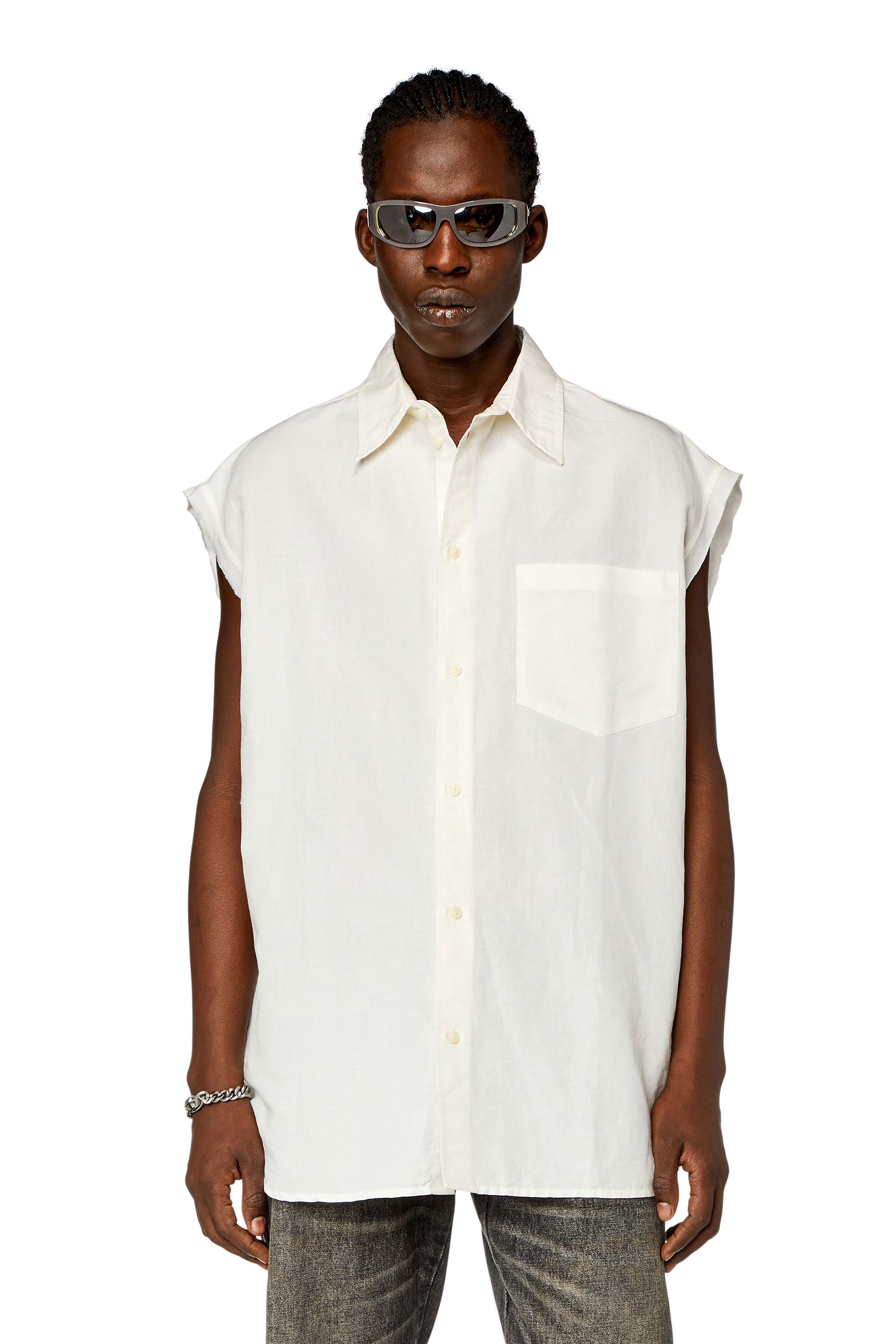 Diesel - S-SIMENS, Man Sleeveless shirt in linen blend in White - Image 1