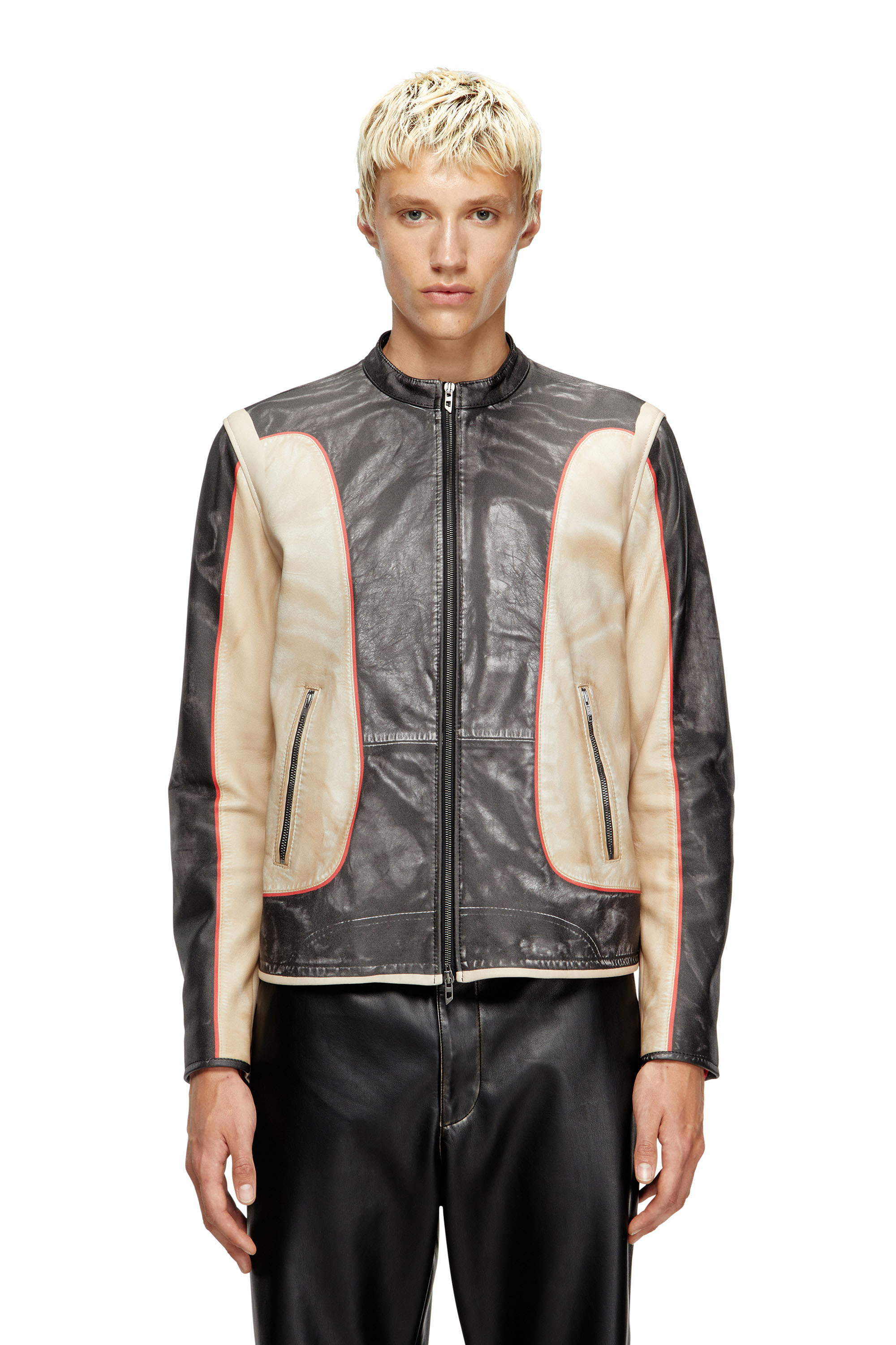 Diesel - L-EVERT, Man's Trompe l'oeil-effect leather biker jacket in Beige/Black - 3