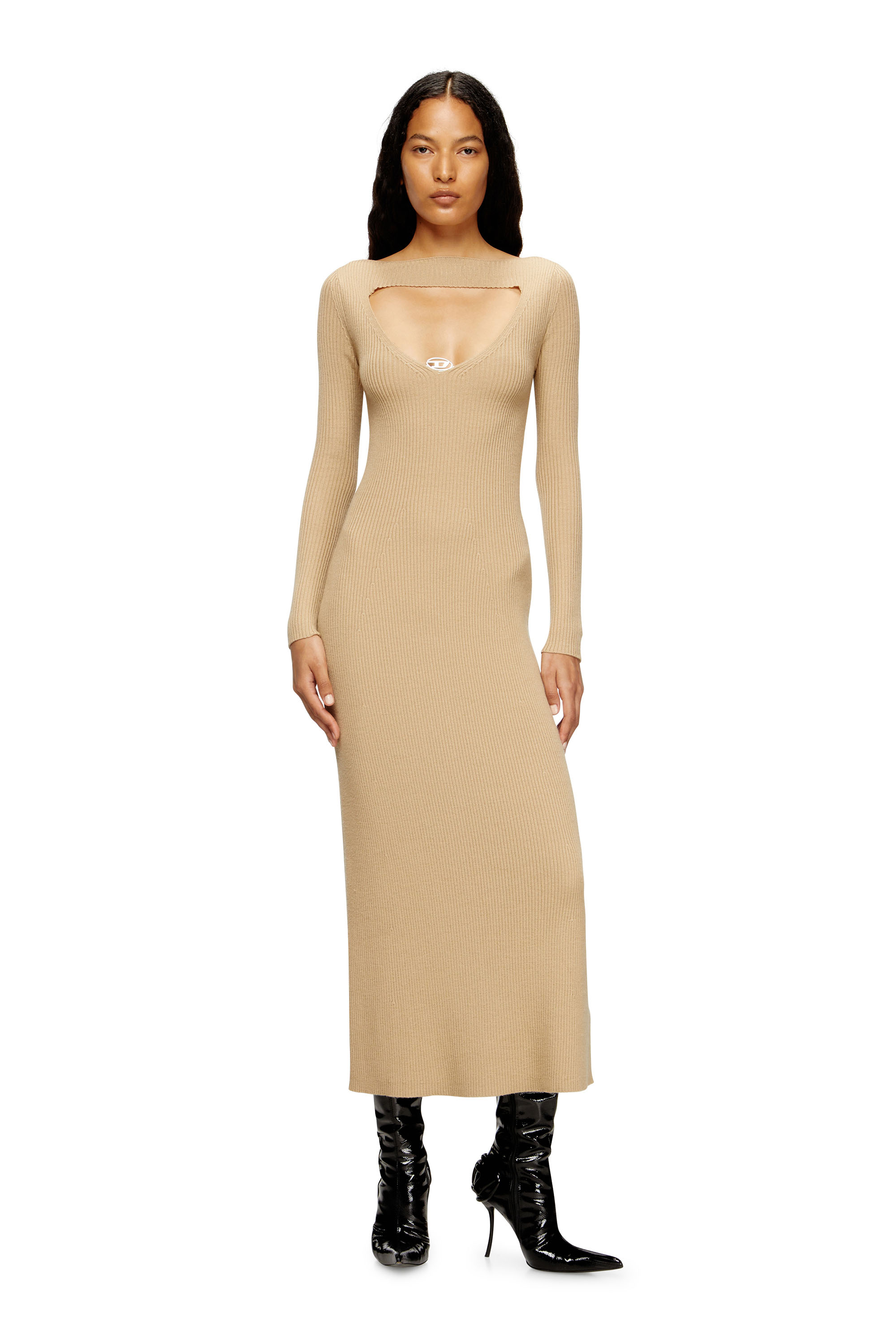 Diesel - M-OLONI, Woman's Midi wool dress with inlay in Beige - 3