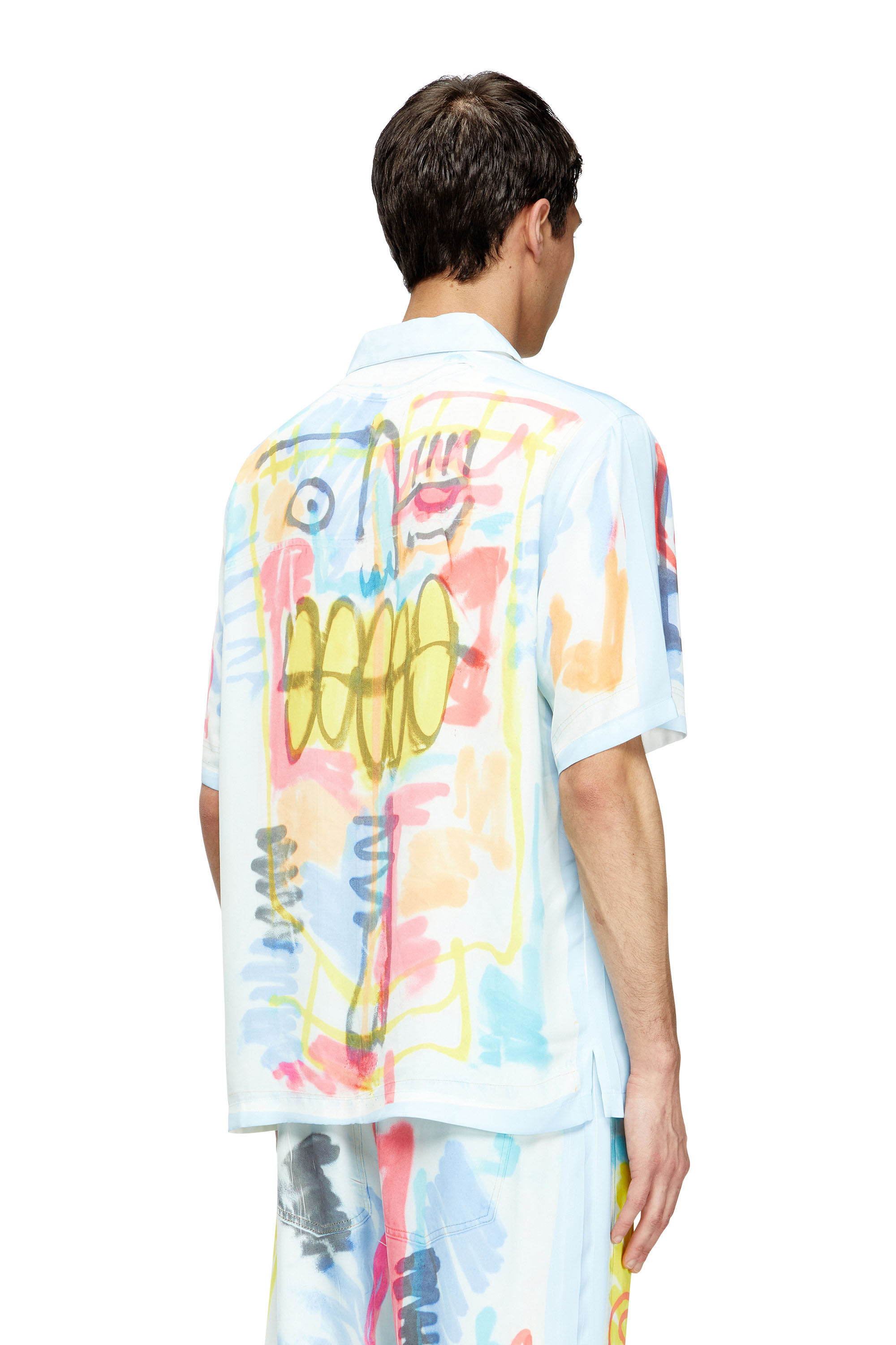 Diesel - C-PAROSHORT-GRAFFITI-AFR, Unisex's Satin bowling shirt with graffiti print in Light Blue - 4