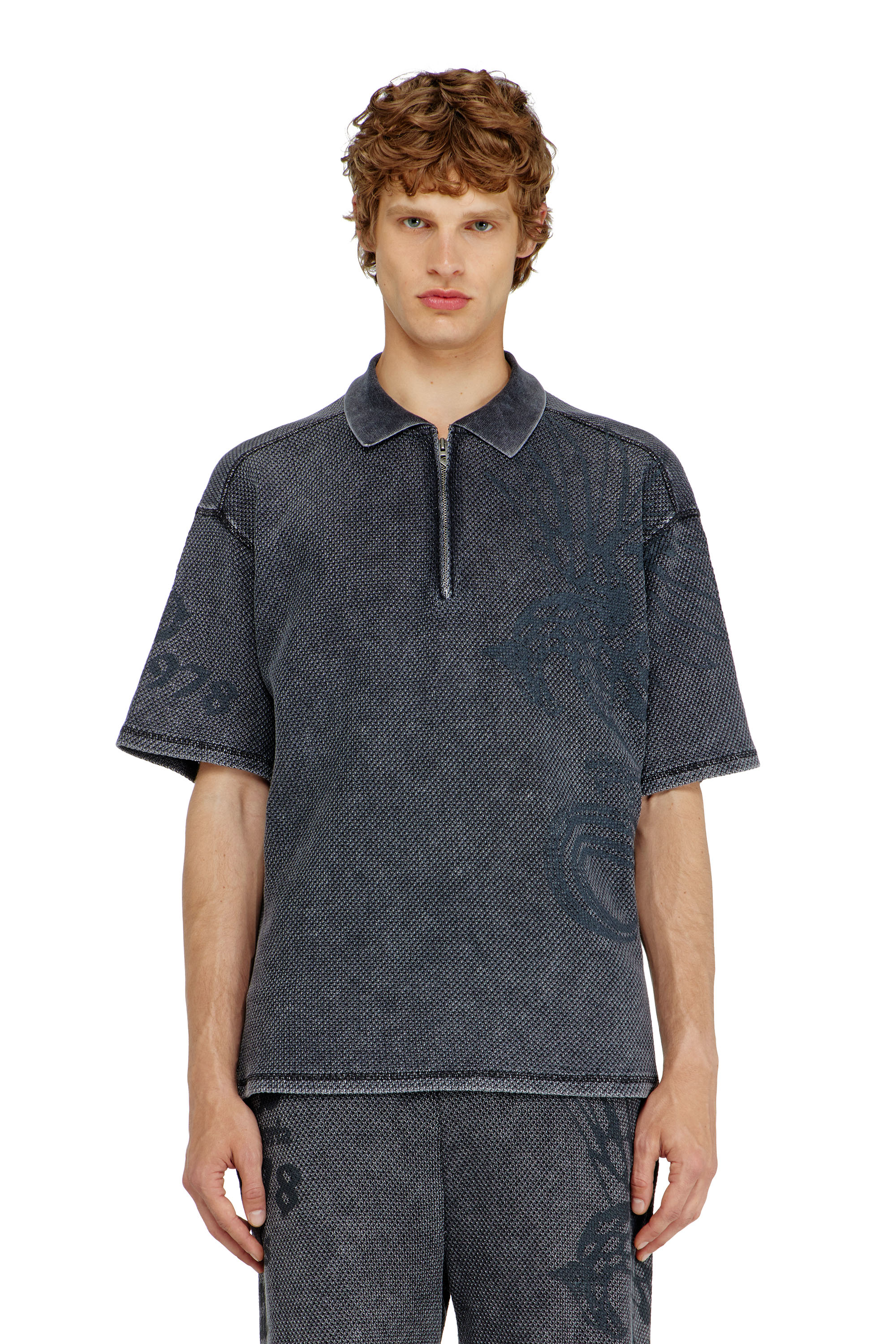 Diesel - T-ERRY-ZIP, Man's Mesh-jacquard polo shirt with Phoenix print in Dark grey - 3