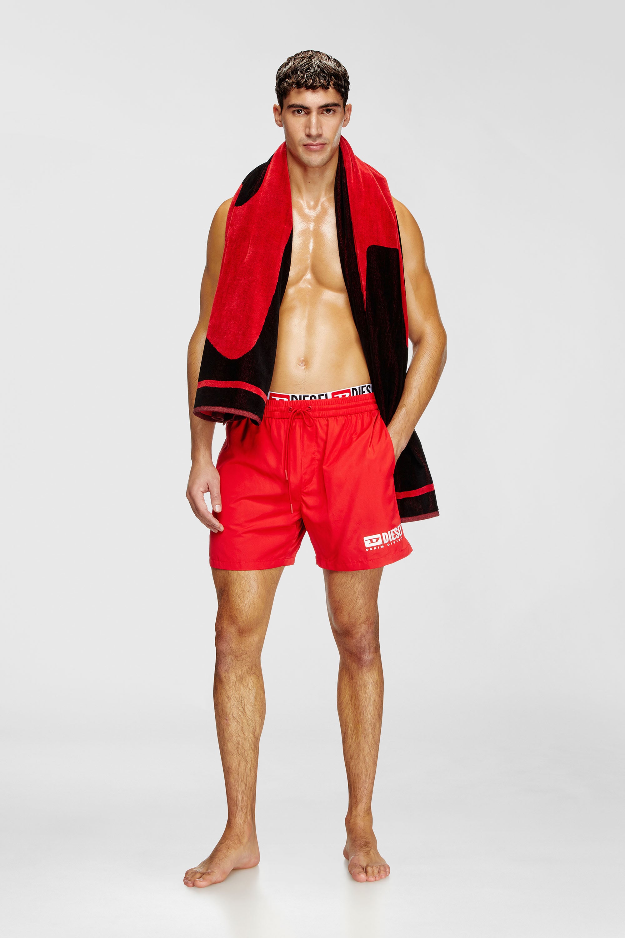 Diesel - VISPER-41-D-CORE, Man's Mid-length swim shorts with logo print in Red - 1