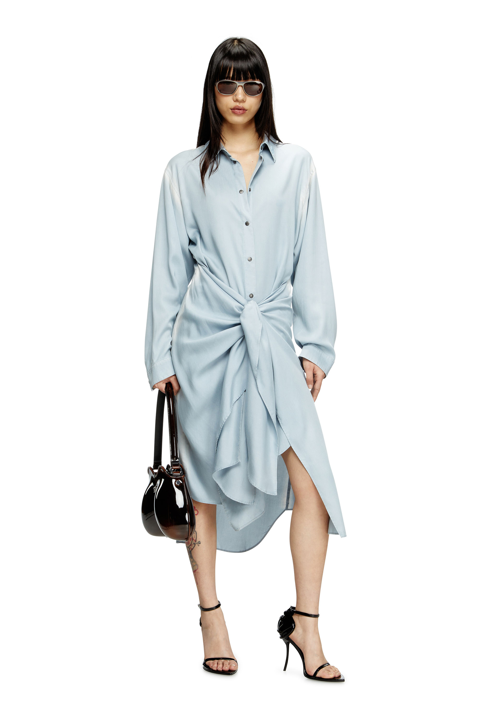 D-ILETTA-R1, Light Blue Diesel - D-ILETTA-R1, Woman's Wrap shirt dress in treated twill in Light Blue - 1