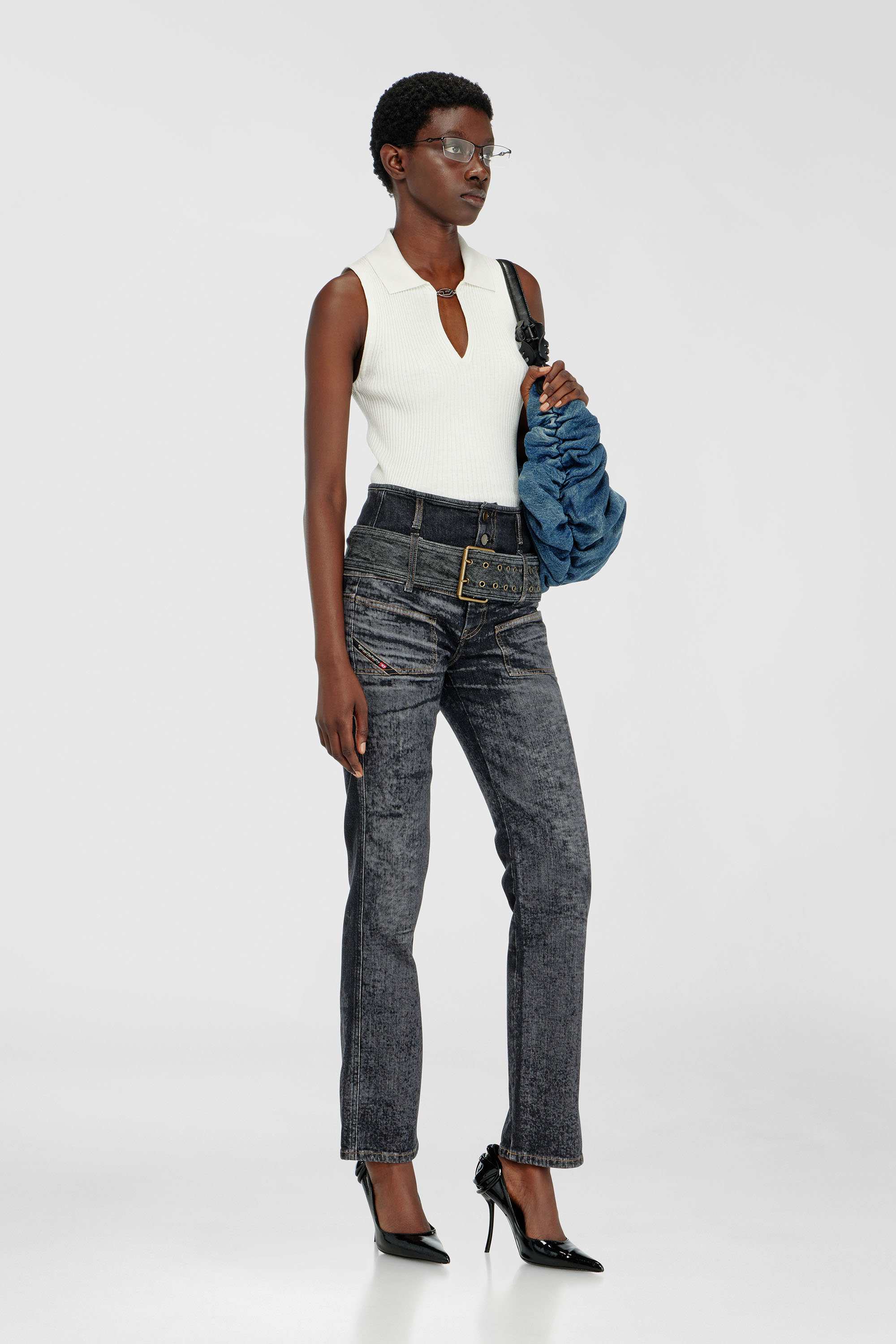 Diesel - M-LILITA, Woman's Sleeveless rib-knit polo top in silk blend in White - 1