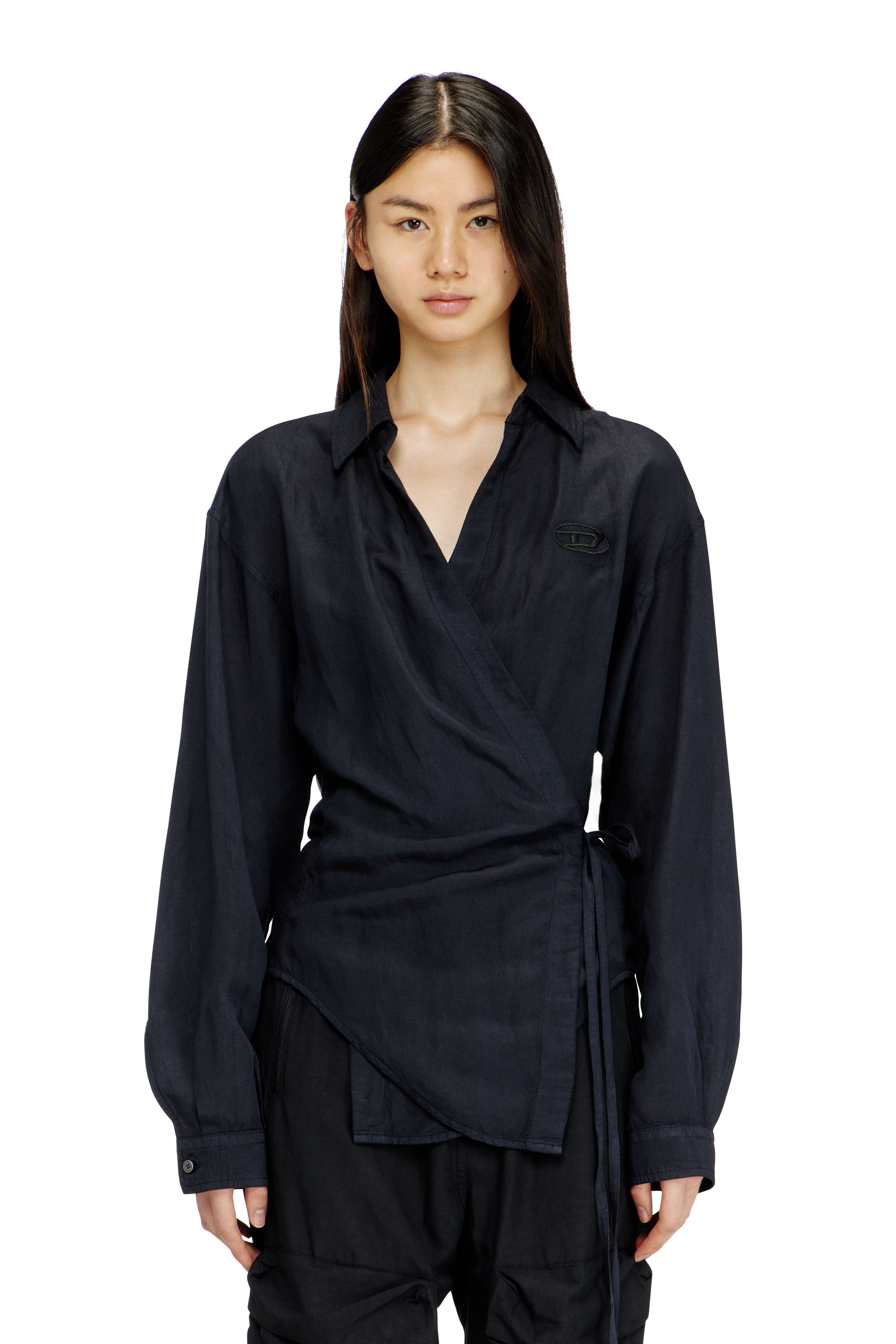 Diesel - C-DELPHOS-S3, Woman's Linen-blend shirt with wrap closure in Black - 1
