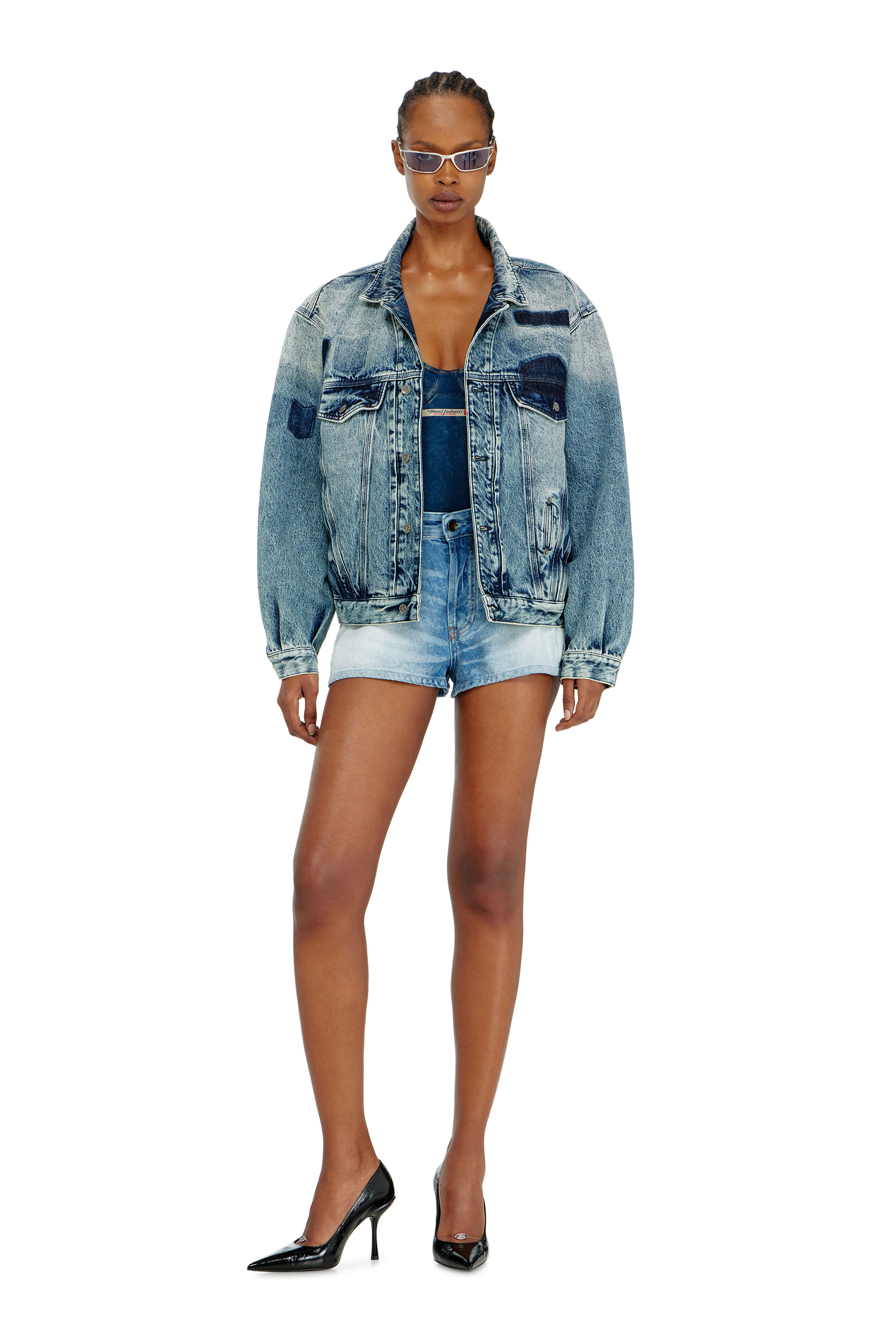 Diesel - D-DENVER-S2, Unisex's Trucker jacket with patch effects in Medium blue - 2