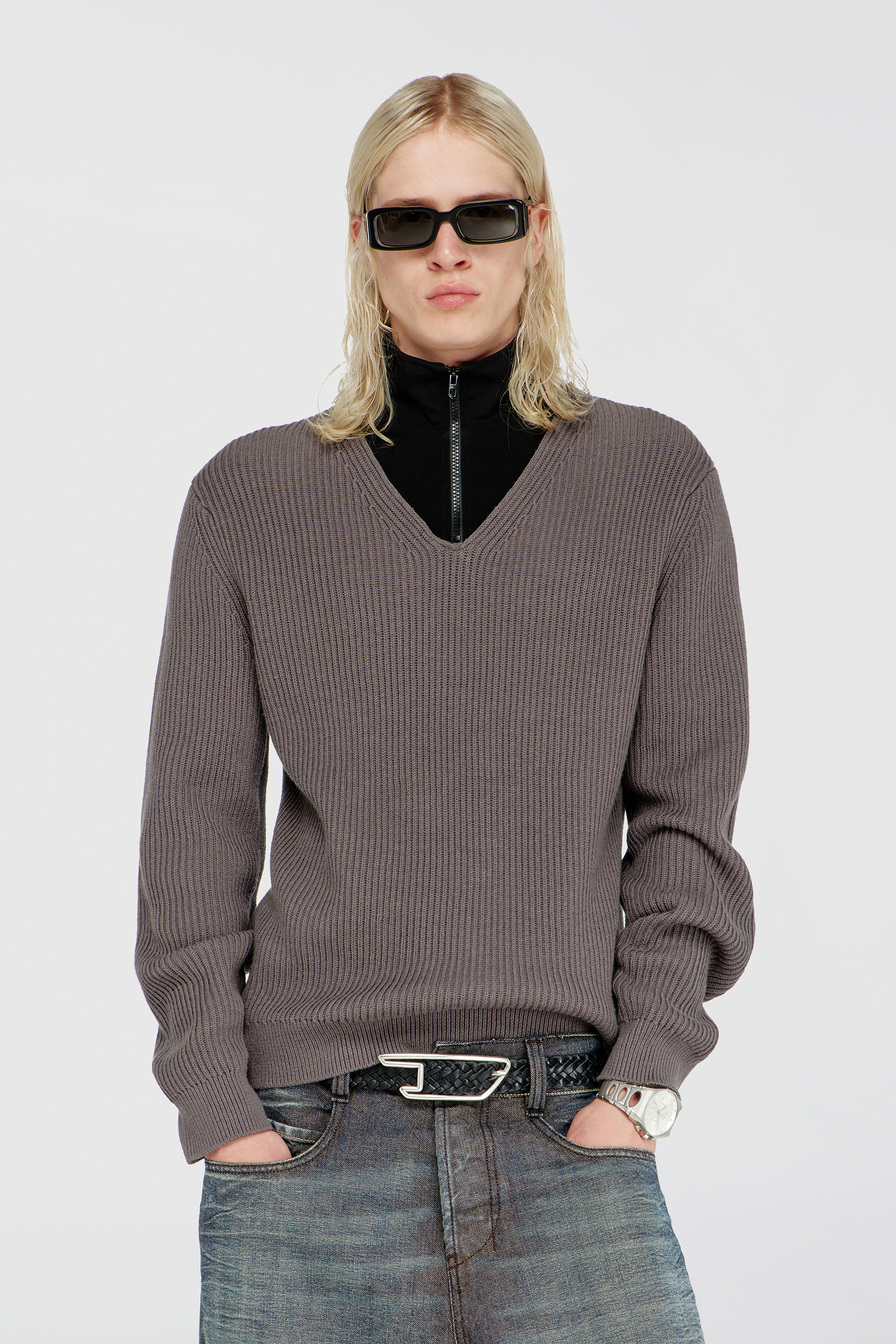 Diesel - K-MAMU, Man's Half-zip sweater with layered neckline in Black/Grey - 1