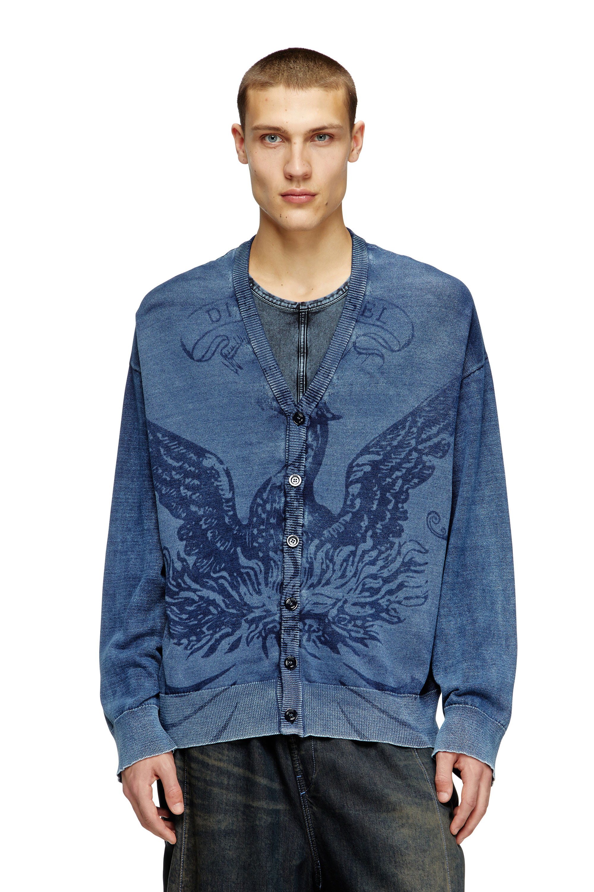 Diesel - K-FENICAR, Man's Indigo cardigan with Phoenix logo in Blue - 1