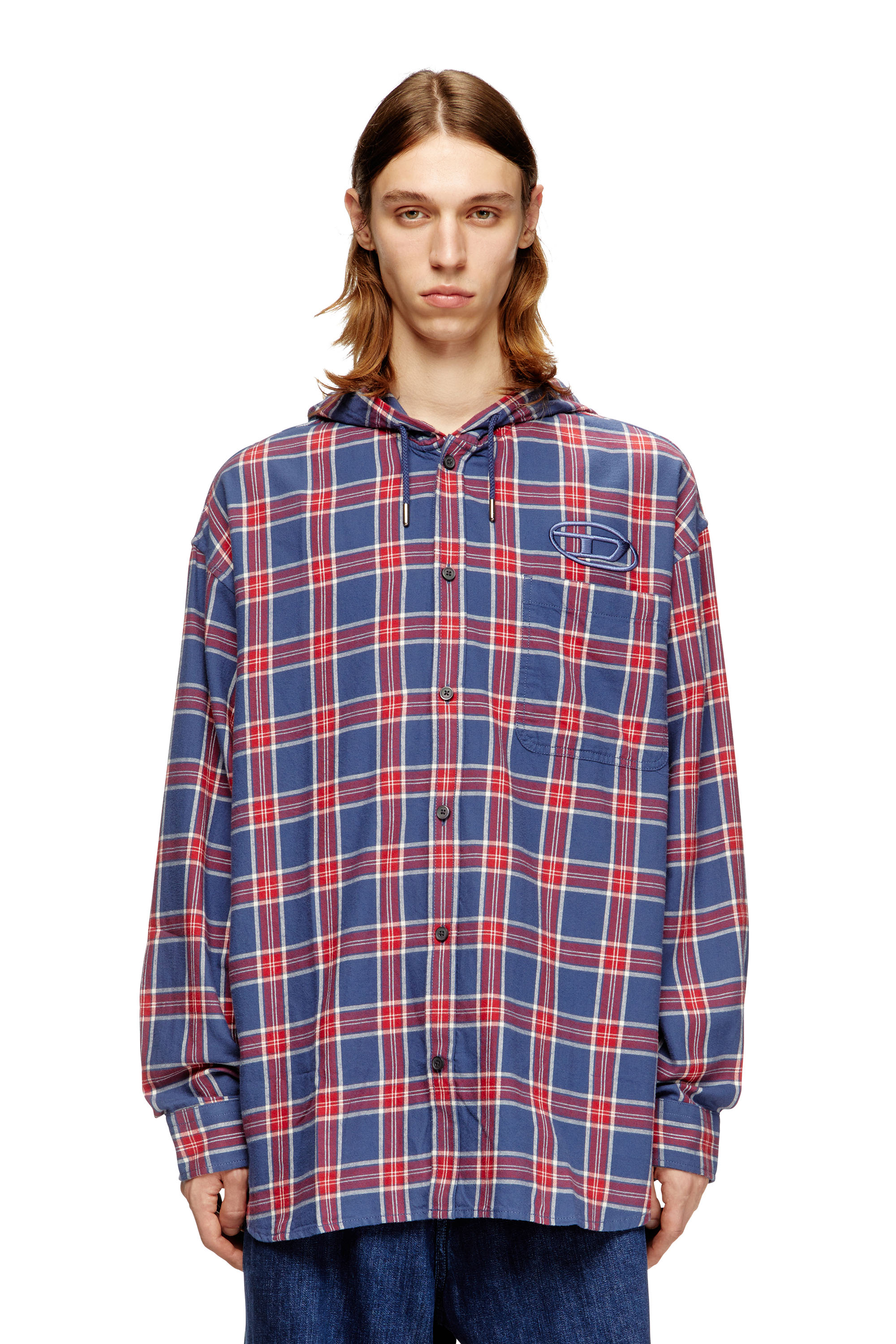 Diesel - S-DEWNY-HOOD-AJFI, Man's Cotton hooded shirt with 3D embroidery in Blue/Red - 3