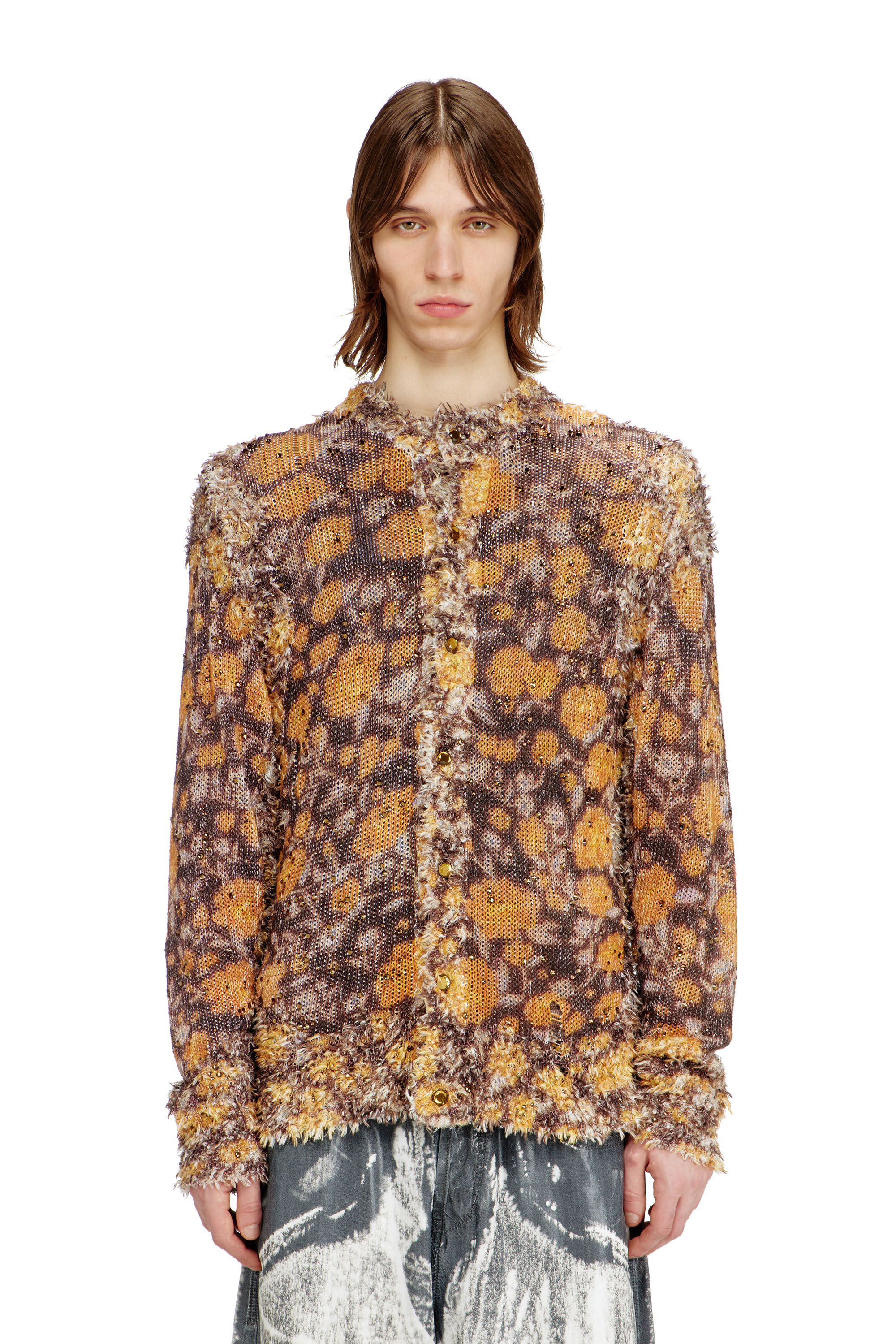 Diesel - K-LINNUS, Man's Printed linen-blend cardigan with crystals in Brown/Orange - 1