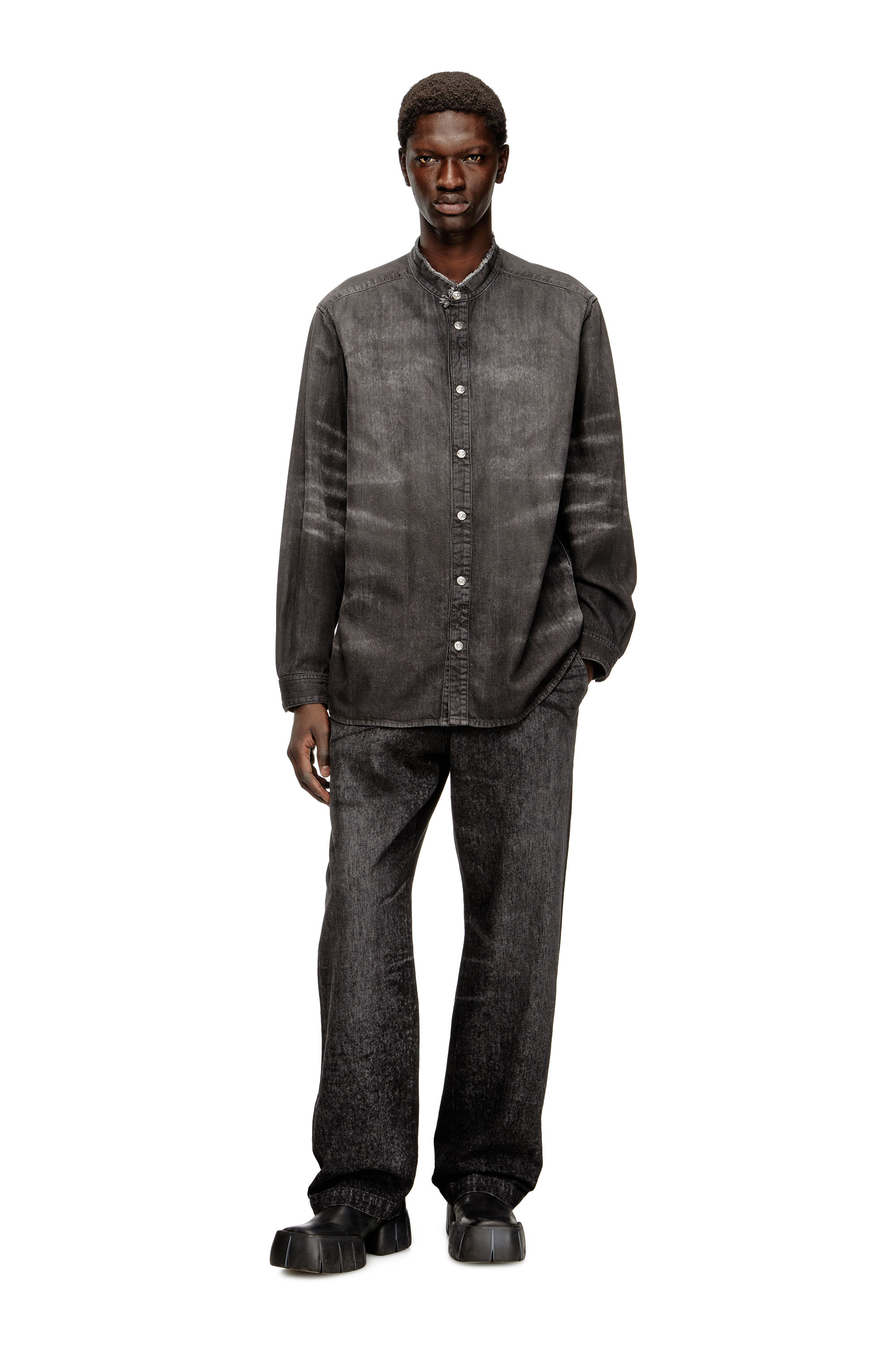 Diesel - D-SIMPLY-FSH, Man's Shirt in distressed honeycomb denim in Grey - 1