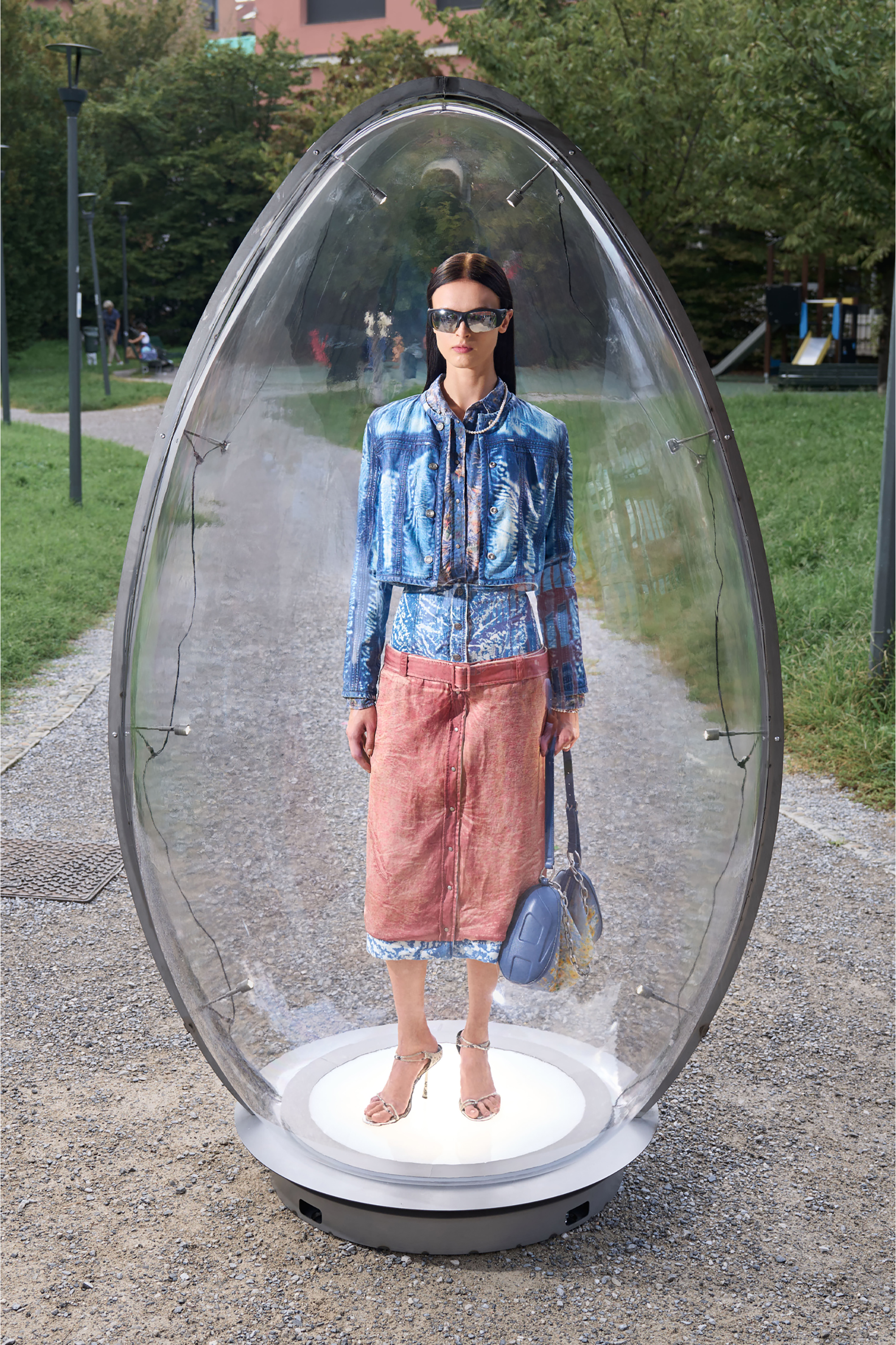 Diesel - O-SSIDO, Woman's Midi skirt with layered effect in Blue/Brown - 5