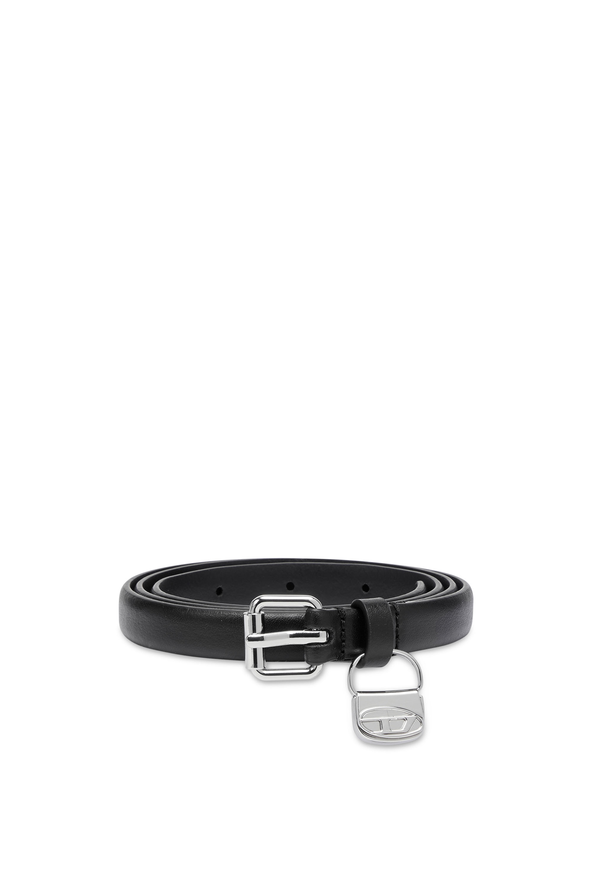 Diesel - B-CHARM HIP, Woman's 1.4cm slim leather belt with 1DR bag charm in Black - 1
