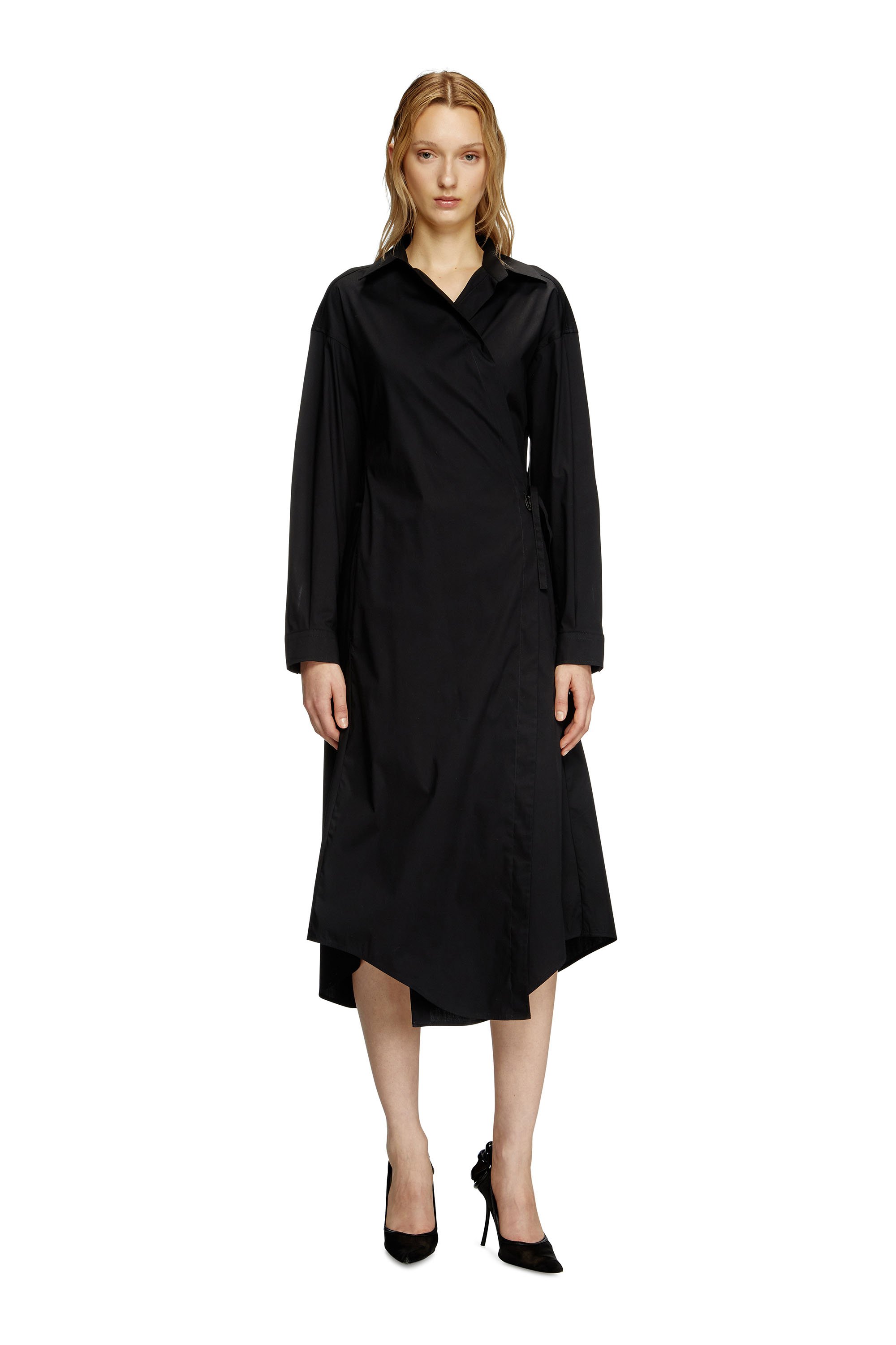 Diesel - D-ELPHI-LONG, Woman's Wrap shirt dress in cotton-blend poplin in Black - 1