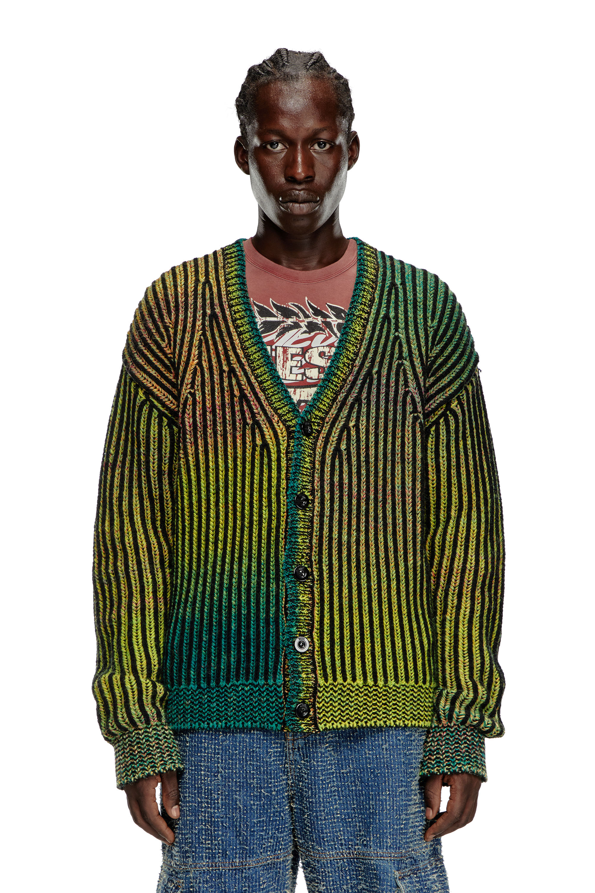Diesel - K-OAKLAND-CR, Man Striped ribbed cardigan in wool blend in Green - Image 1
