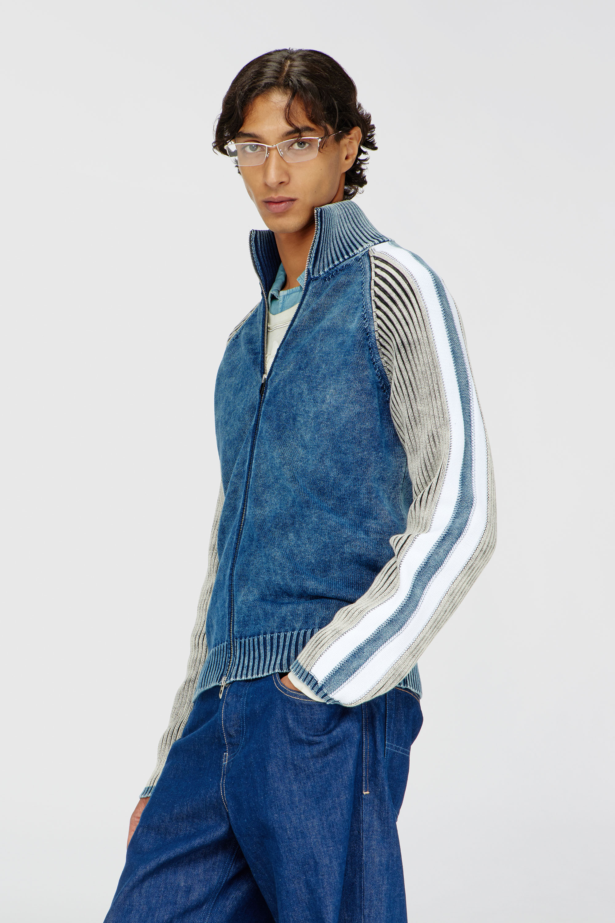 Diesel - K-HERONIMO, Man's Zip-up cardigan with sporty bands in Blue/Grey - 1