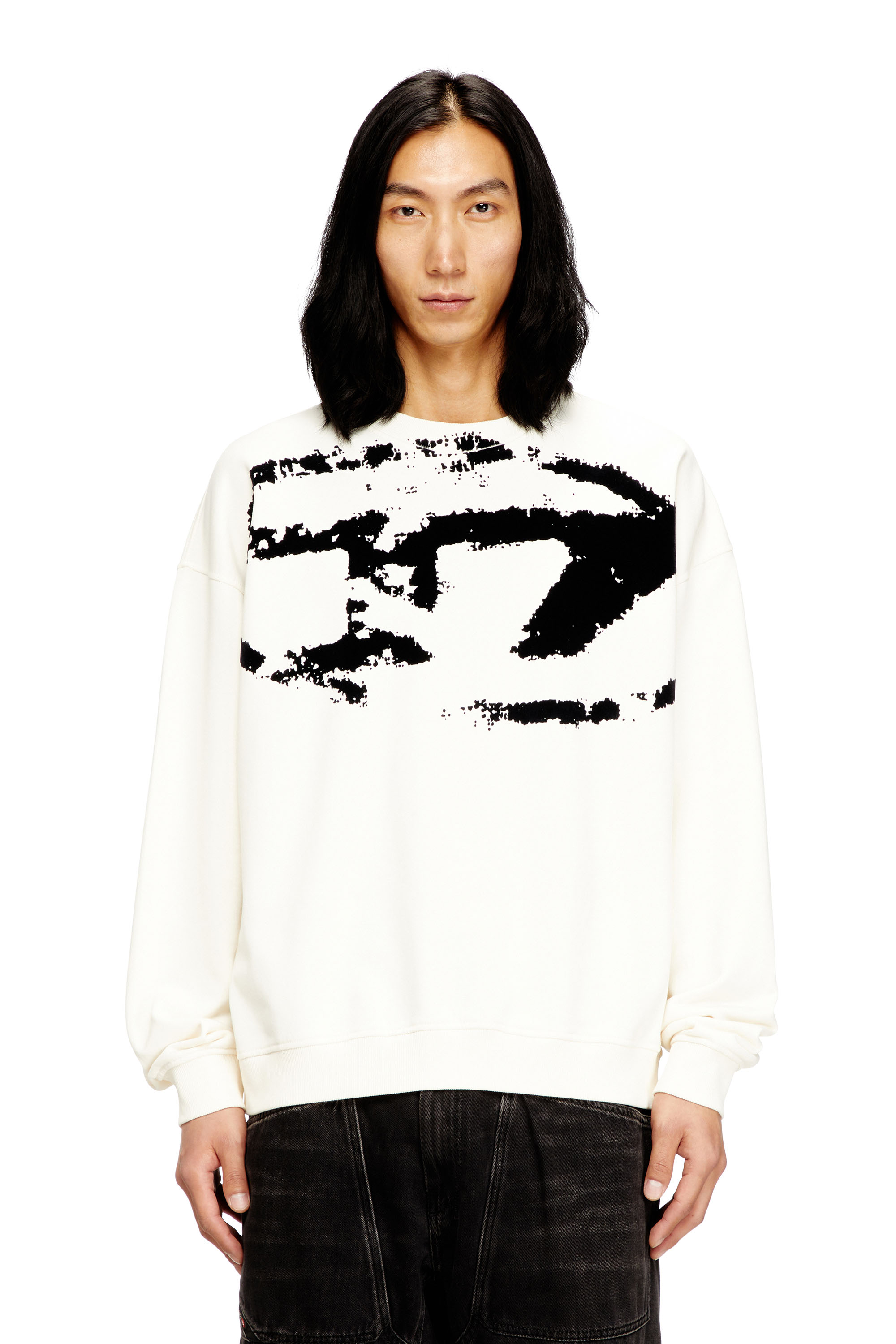 Diesel - S-BOXT-N5, Man's Sweatshirt with distressed flocked logo in White/Black - 1