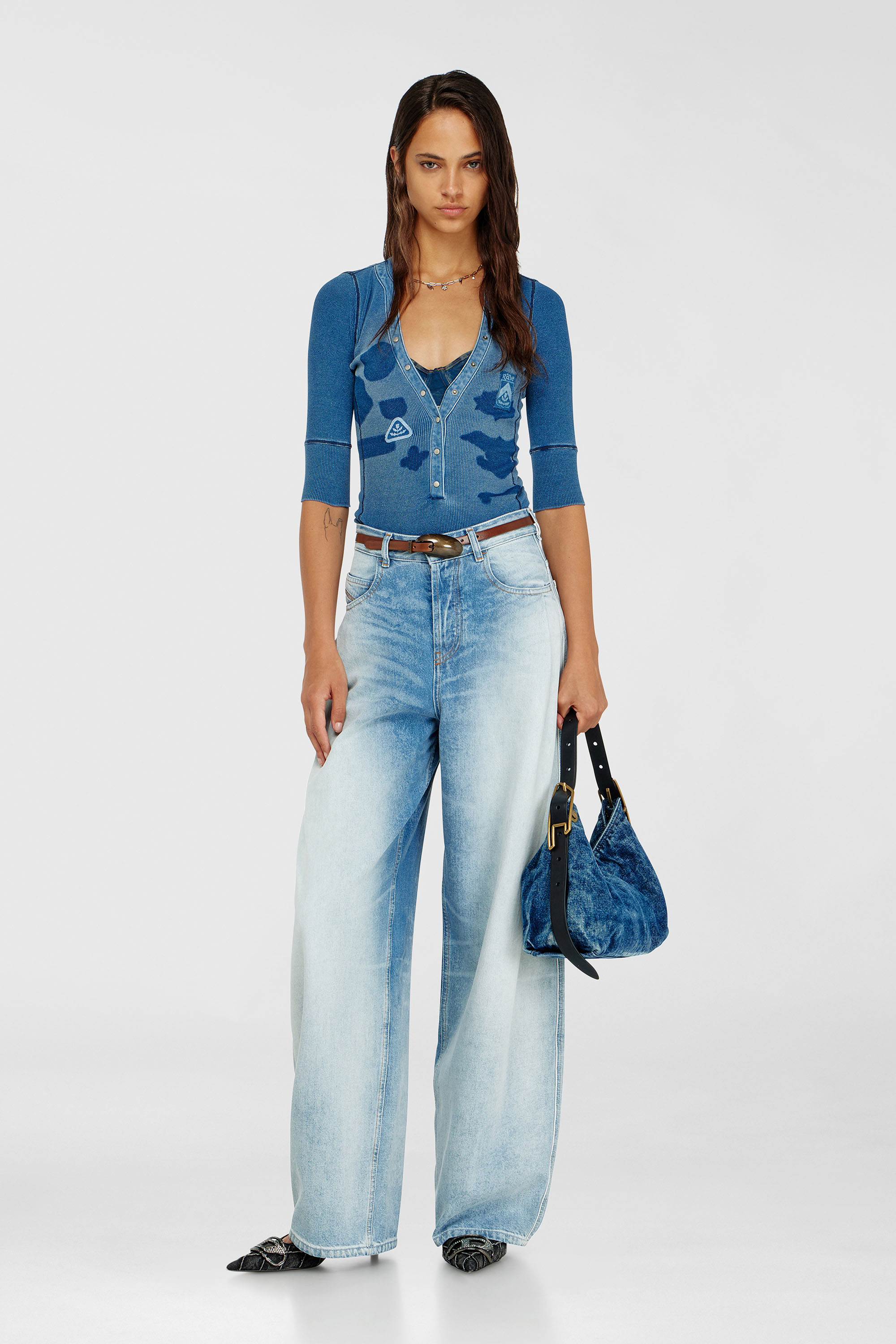 Diesel - T-EREME, Woman's Henley top with shadow-patch effects in Medium blue - 2