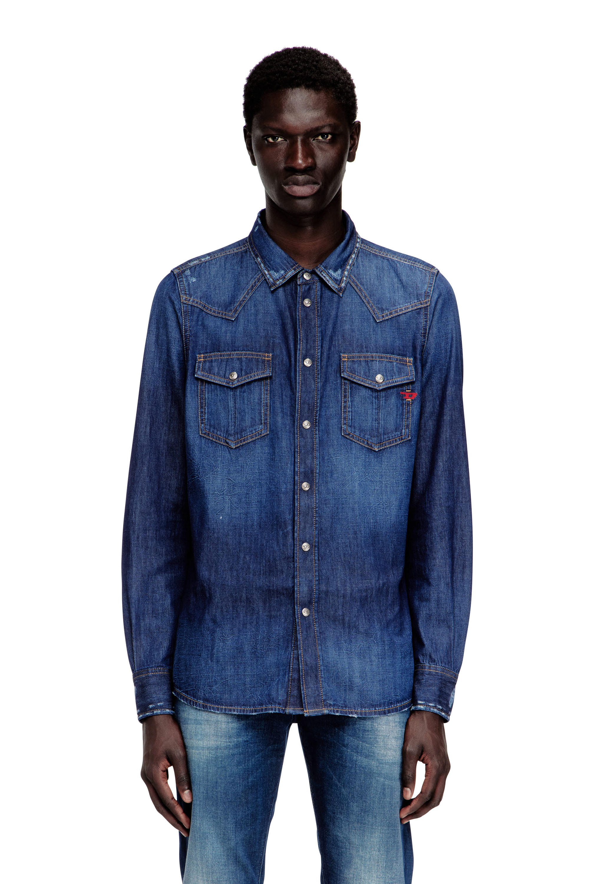 Diesel - D-VEGA, Man's Denim shirt with patch pockets in Blue - 1