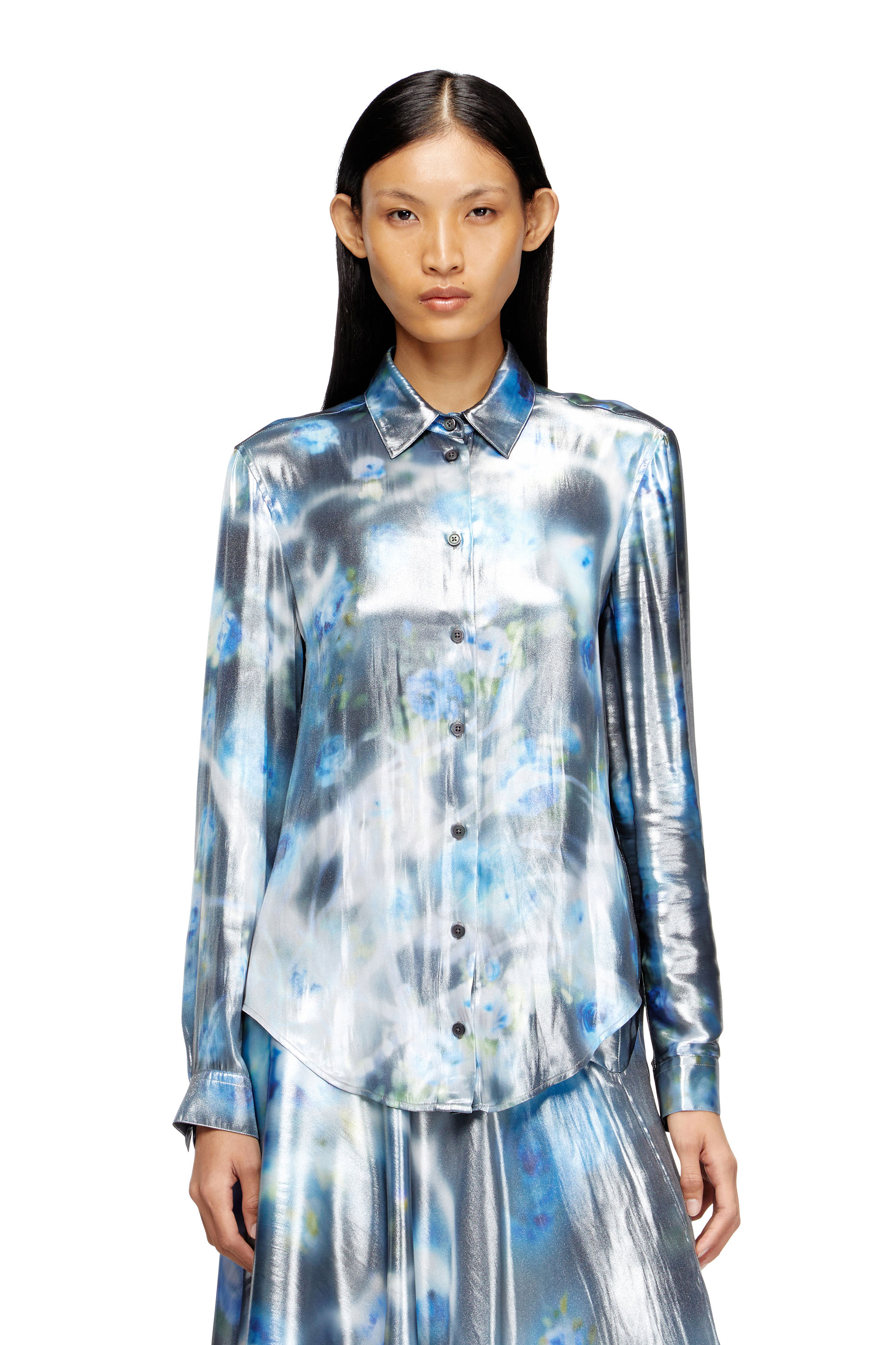 C-RONOR-S2, Blue Diesel - C-RONOR-S2, Woman's Metallic shirt with blurred roses print in Blue - 3